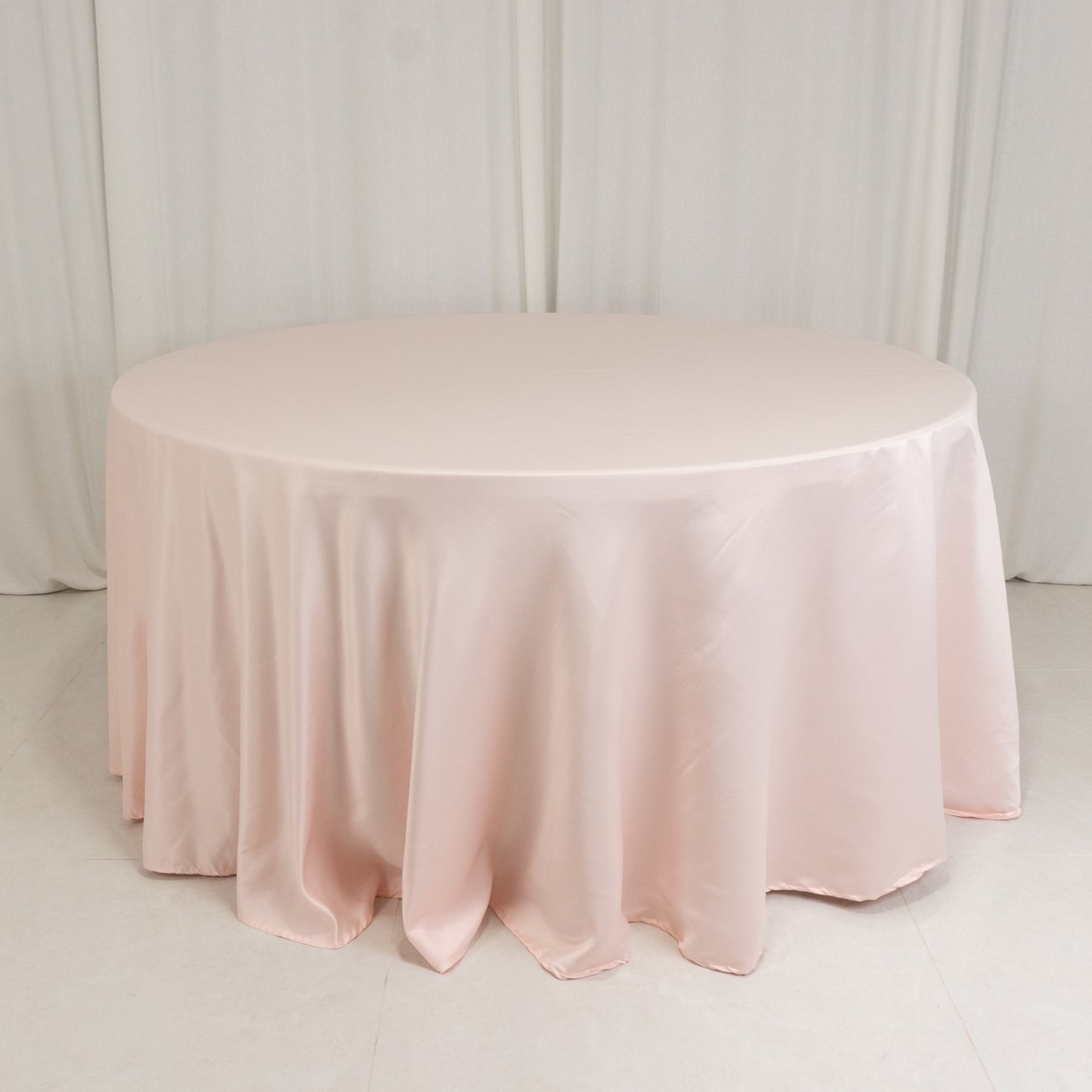 120" Blush Seamless Lamour Satin Round Tablecloth for 5 Foot Table With Floor-Length Drop