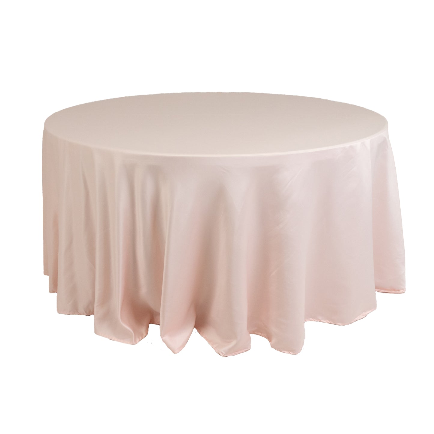 120" Blush Seamless Lamour Satin Round Tablecloth for 5 Foot Table With Floor-Length Drop