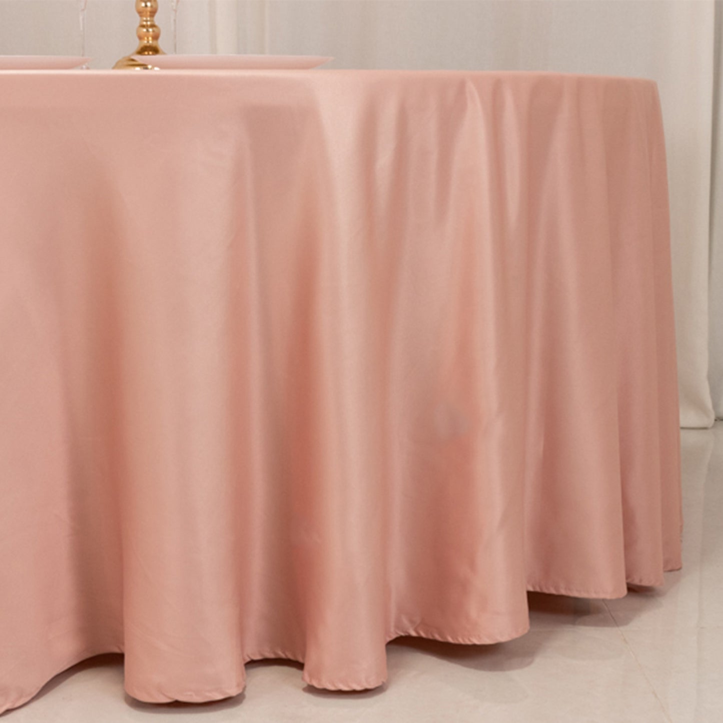 120" Dusty Rose Seamless Lamour Satin Round Tablecloth for 5 Foot Table With Floor-Length Drop
