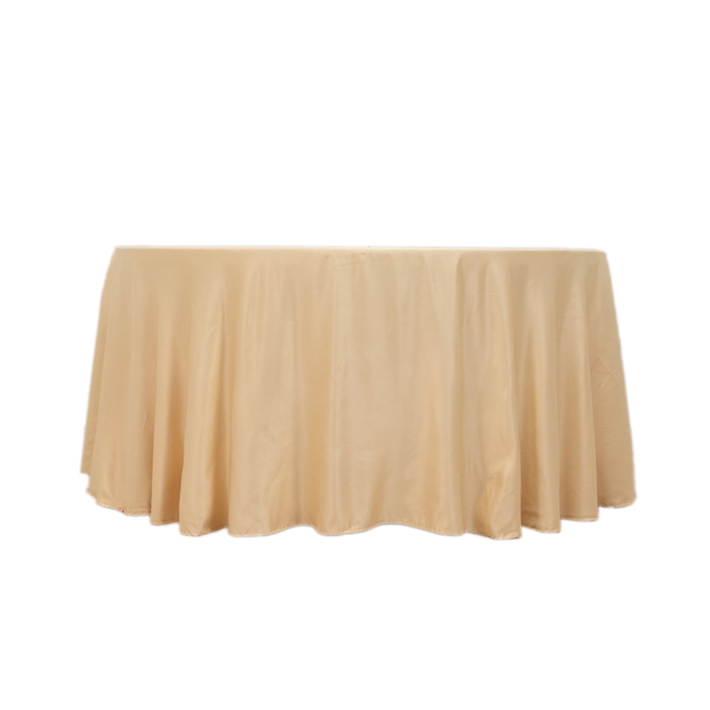 120" Beige Seamless Lamour Satin Round Tablecloth for 5 Foot Table With Floor-Length Drop