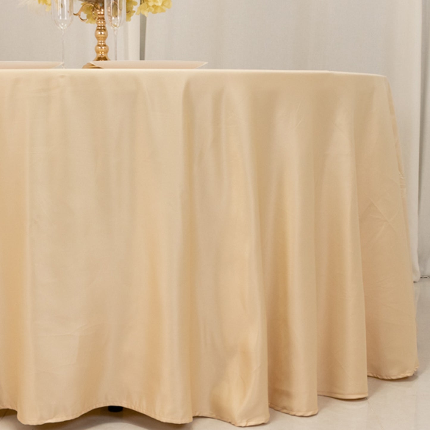 120" Beige Seamless Lamour Satin Round Tablecloth for 5 Foot Table With Floor-Length Drop