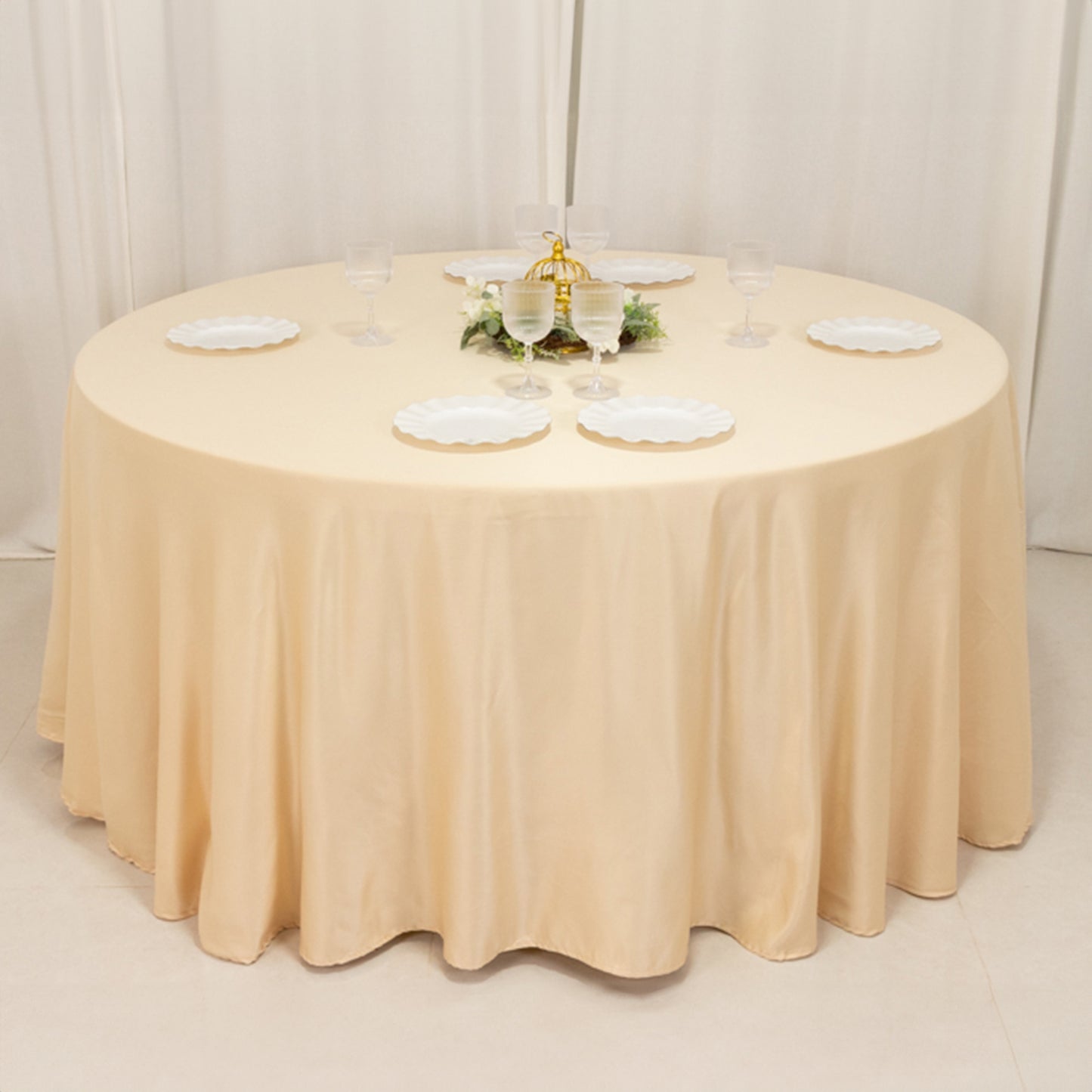 120" Beige Seamless Lamour Satin Round Tablecloth for 5 Foot Table With Floor-Length Drop