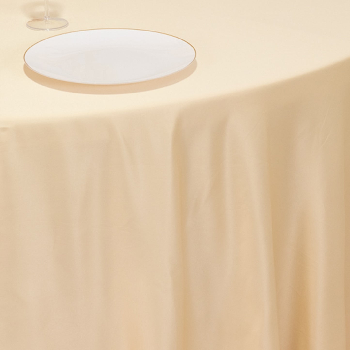 120" Beige Seamless Lamour Satin Round Tablecloth for 5 Foot Table With Floor-Length Drop