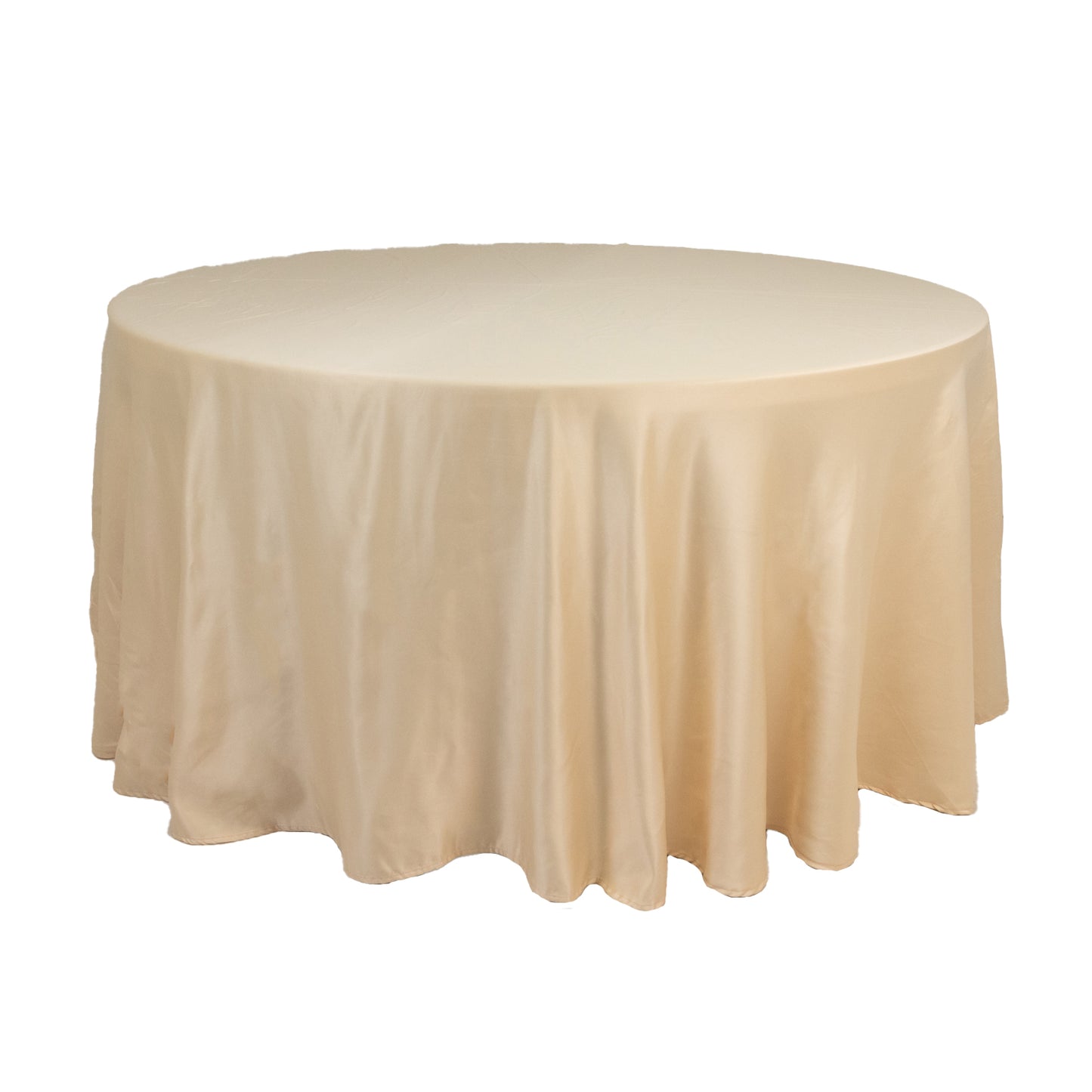 120" Beige Seamless Lamour Satin Round Tablecloth for 5 Foot Table With Floor-Length Drop