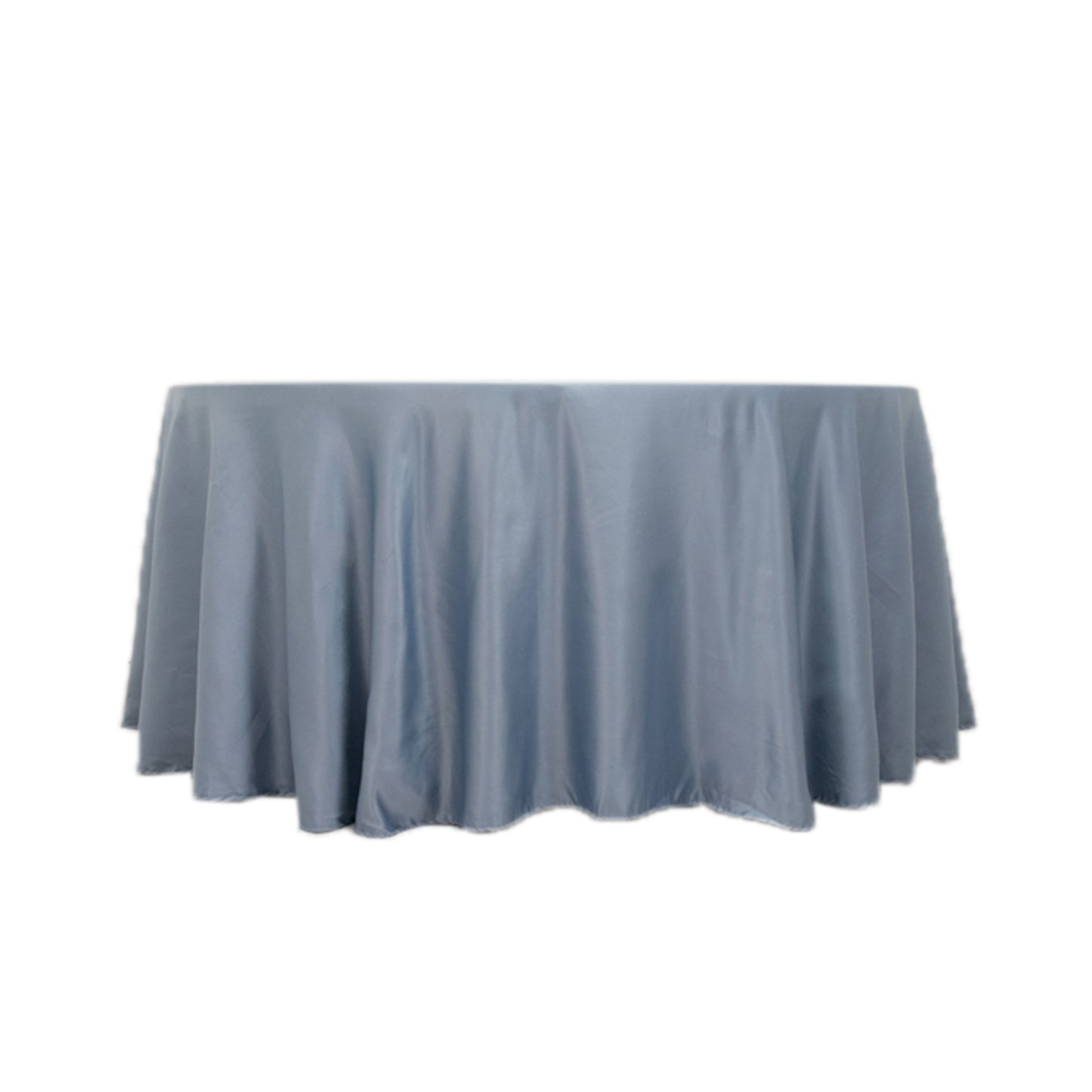 120" Dusty Blue Seamless Lamour Satin Round Tablecloth for 5 Foot Table With Floor-Length Drop