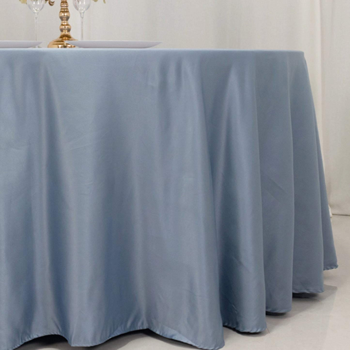 120" Dusty Blue Seamless Lamour Satin Round Tablecloth for 5 Foot Table With Floor-Length Drop