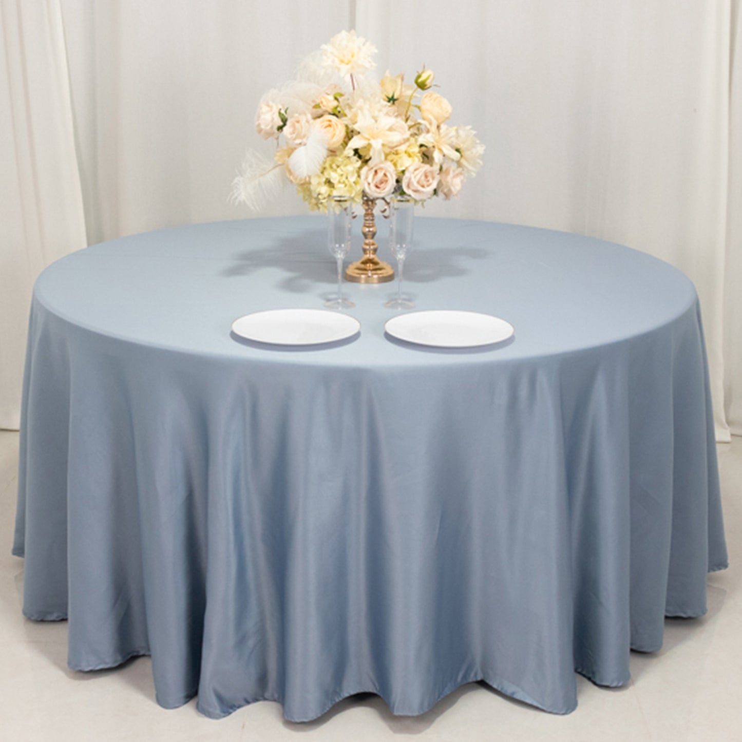 120" Dusty Blue Seamless Lamour Satin Round Tablecloth for 5 Foot Table With Floor-Length Drop