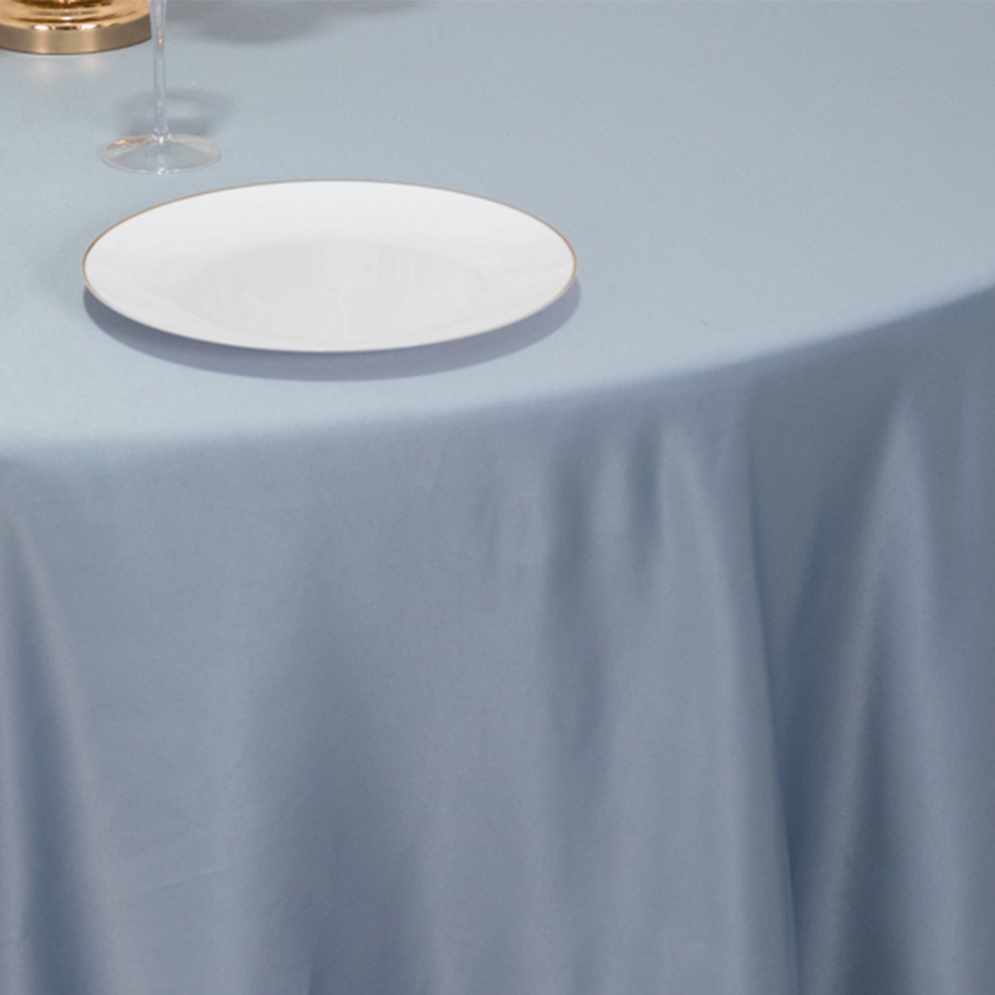120" Dusty Blue Seamless Lamour Satin Round Tablecloth for 5 Foot Table With Floor-Length Drop