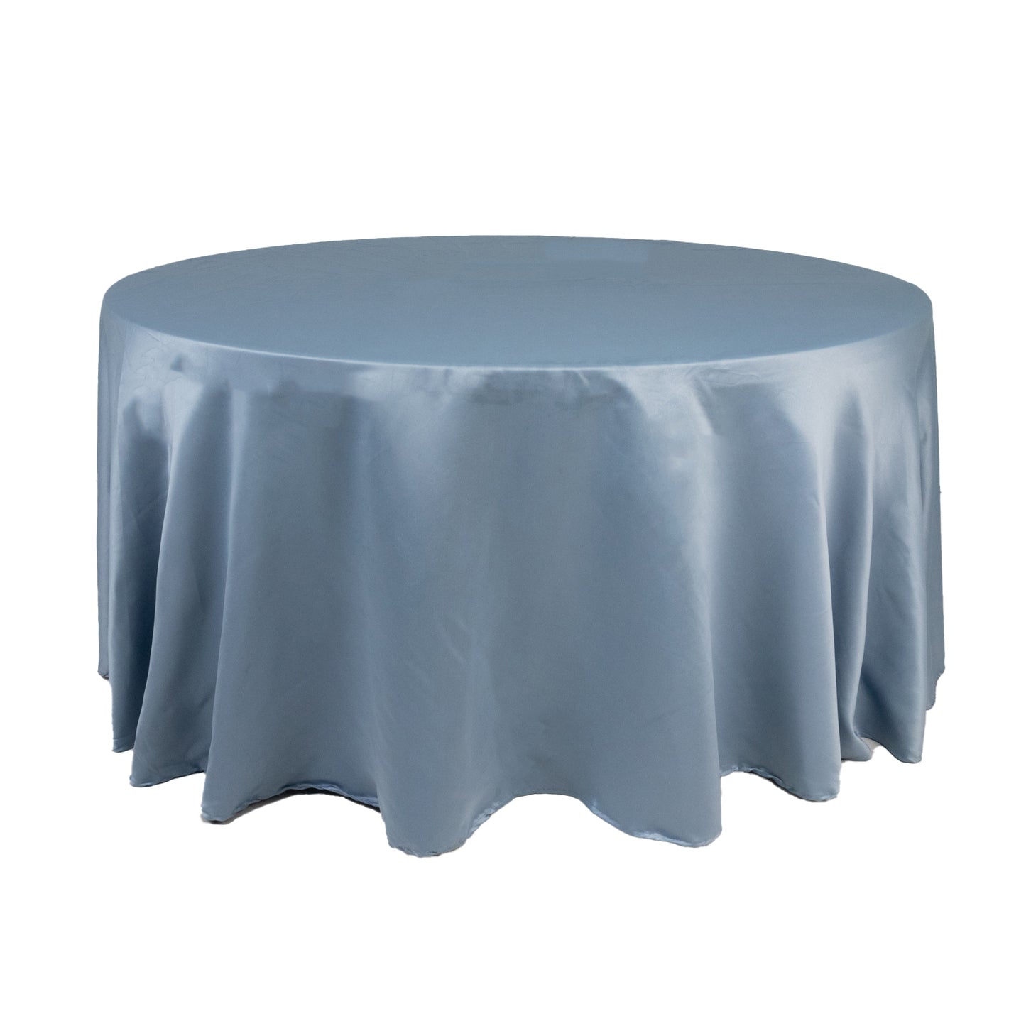 120" Dusty Blue Seamless Lamour Satin Round Tablecloth for 5 Foot Table With Floor-Length Drop