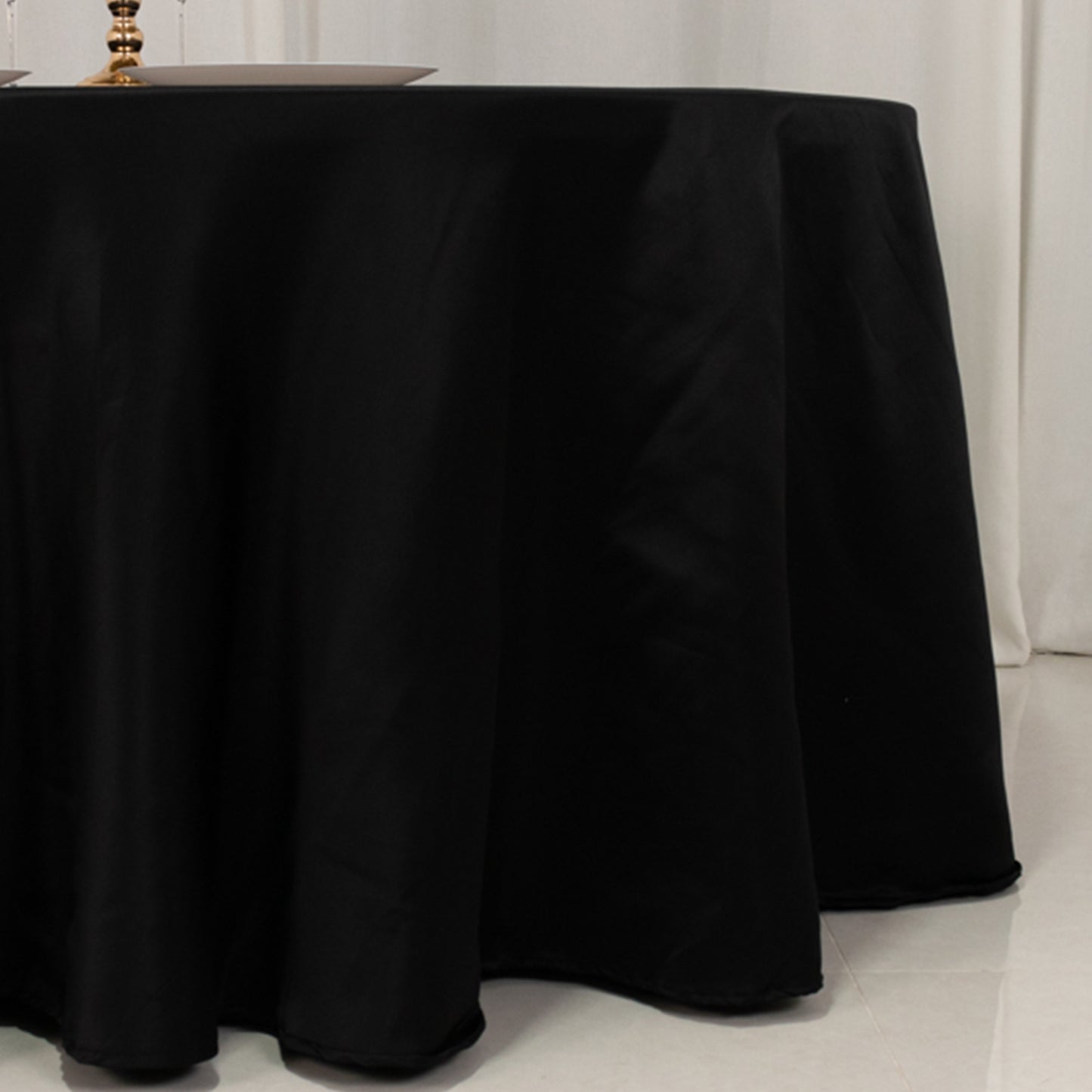 120" Black Seamless Lamour Satin Round Tablecloth for 5 Foot Table With Floor-Length Drop