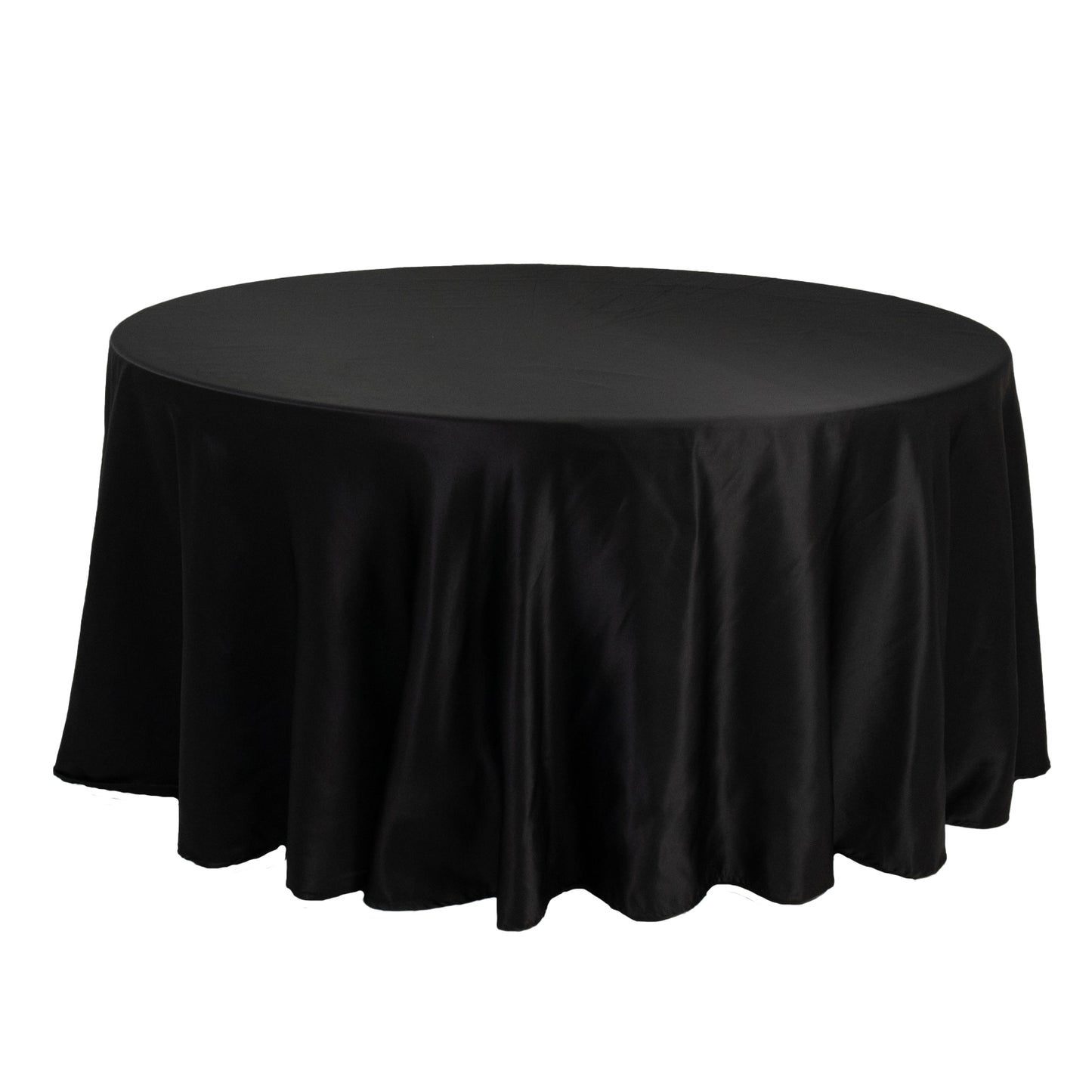 120" Black Seamless Lamour Satin Round Tablecloth for 5 Foot Table With Floor-Length Drop