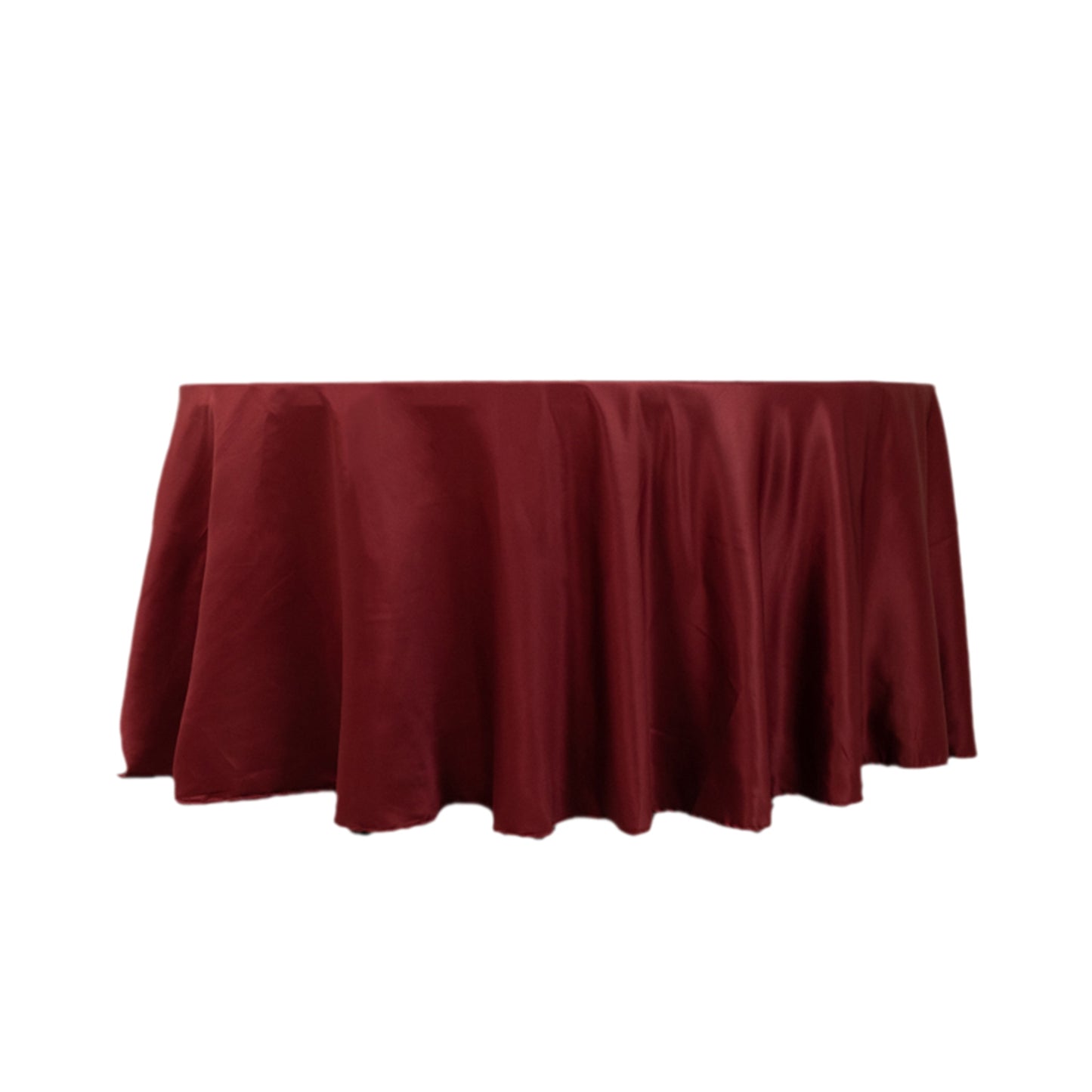 120" Burgundy Seamless Lamour Satin Round Tablecloth for 5 Foot Table With Floor-Length Drop