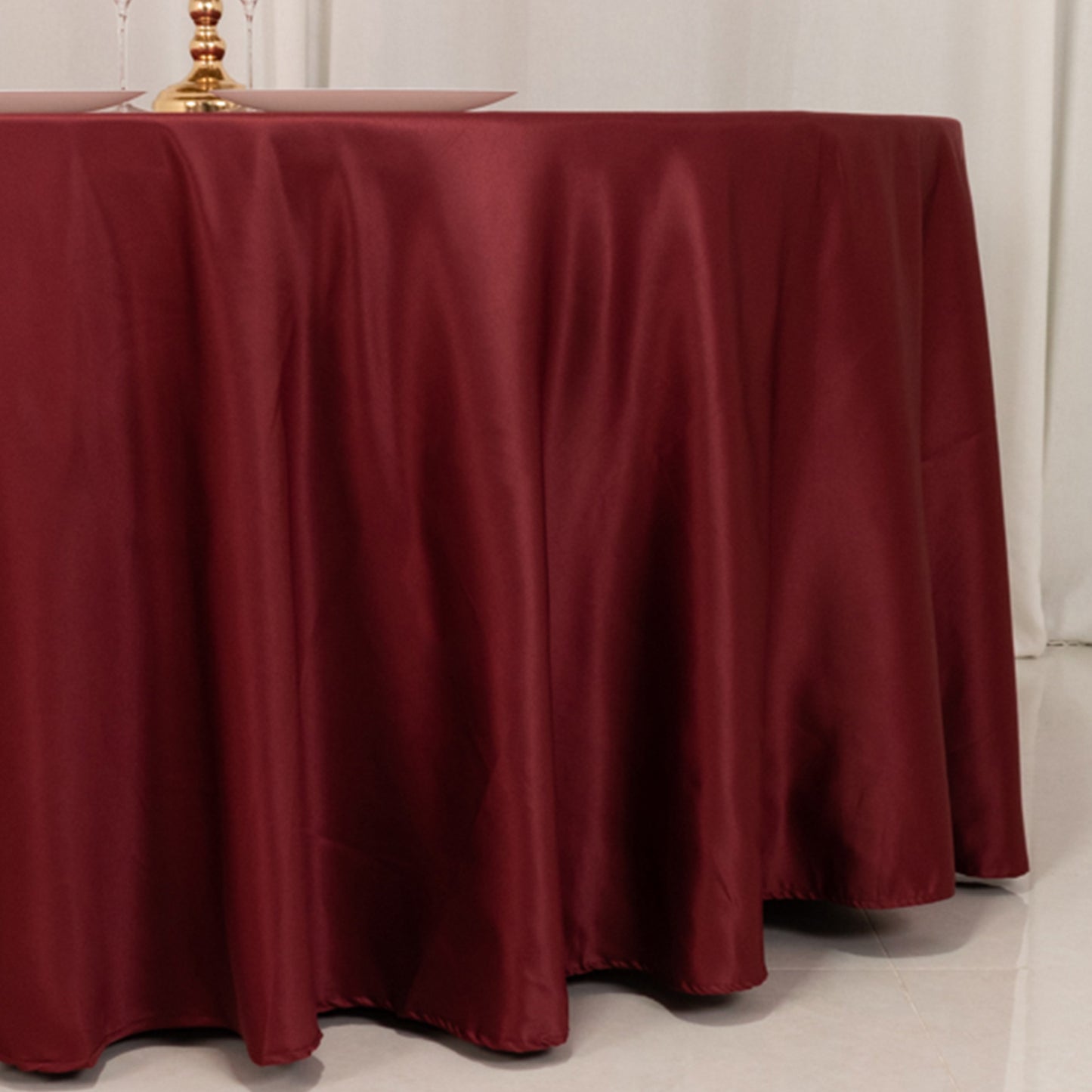 120" Burgundy Seamless Lamour Satin Round Tablecloth for 5 Foot Table With Floor-Length Drop