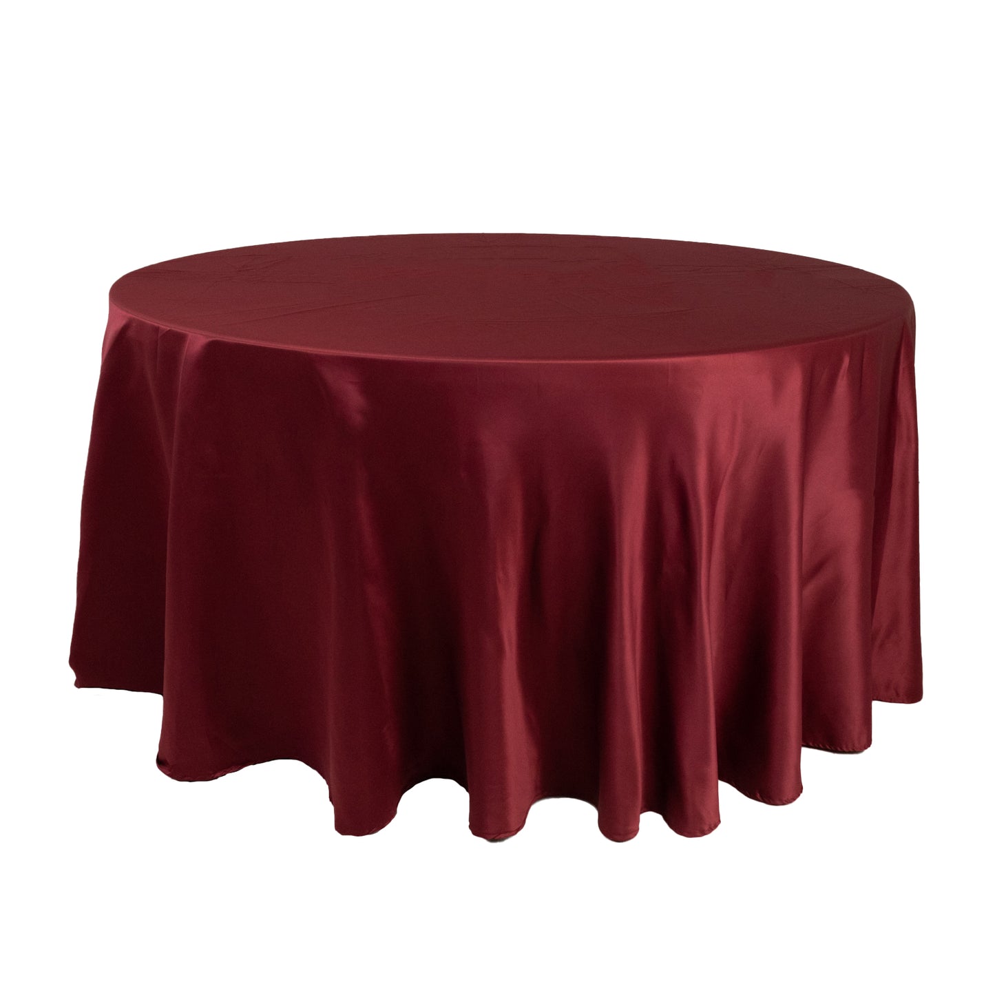 120" Burgundy Seamless Lamour Satin Round Tablecloth for 5 Foot Table With Floor-Length Drop
