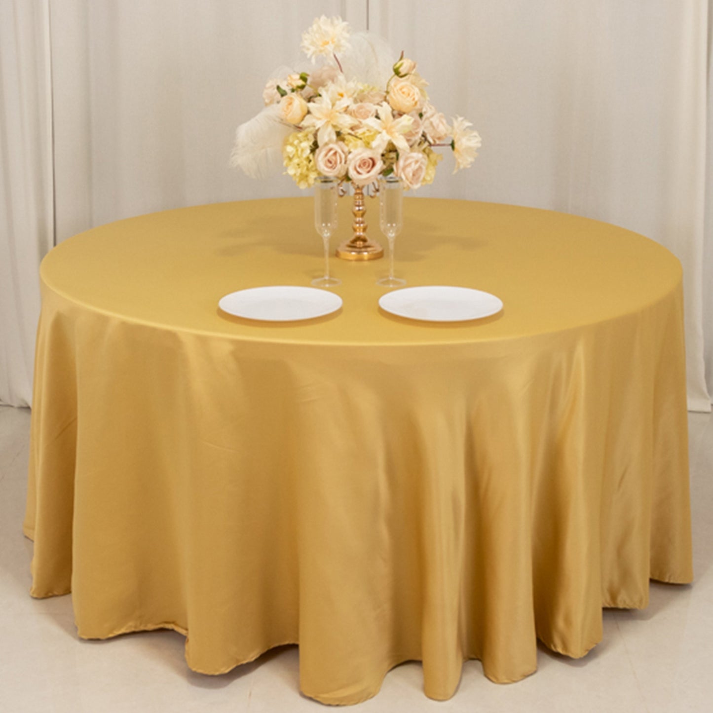 120" Champagne Seamless Lamour Satin Round Tablecloth for 5 Foot Table With Floor-Length Drop