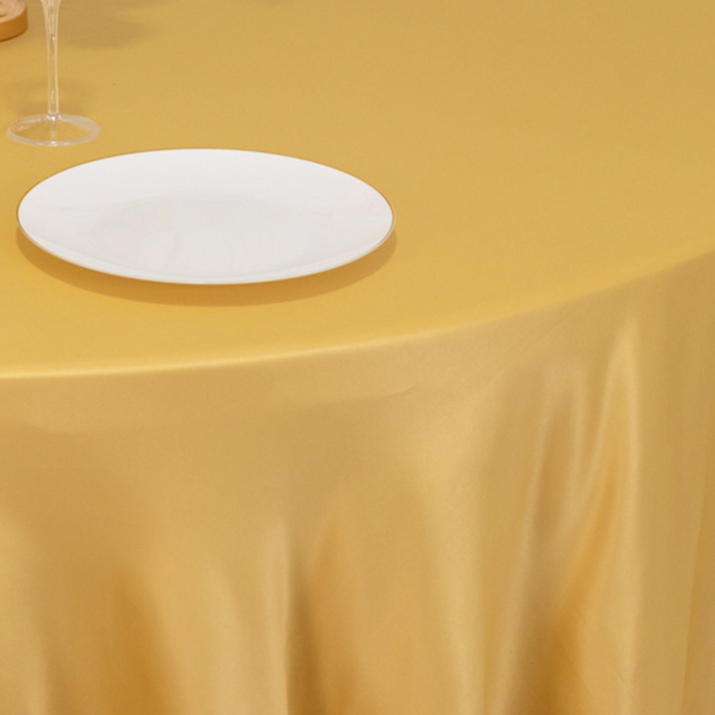 120" Champagne Seamless Lamour Satin Round Tablecloth for 5 Foot Table With Floor-Length Drop