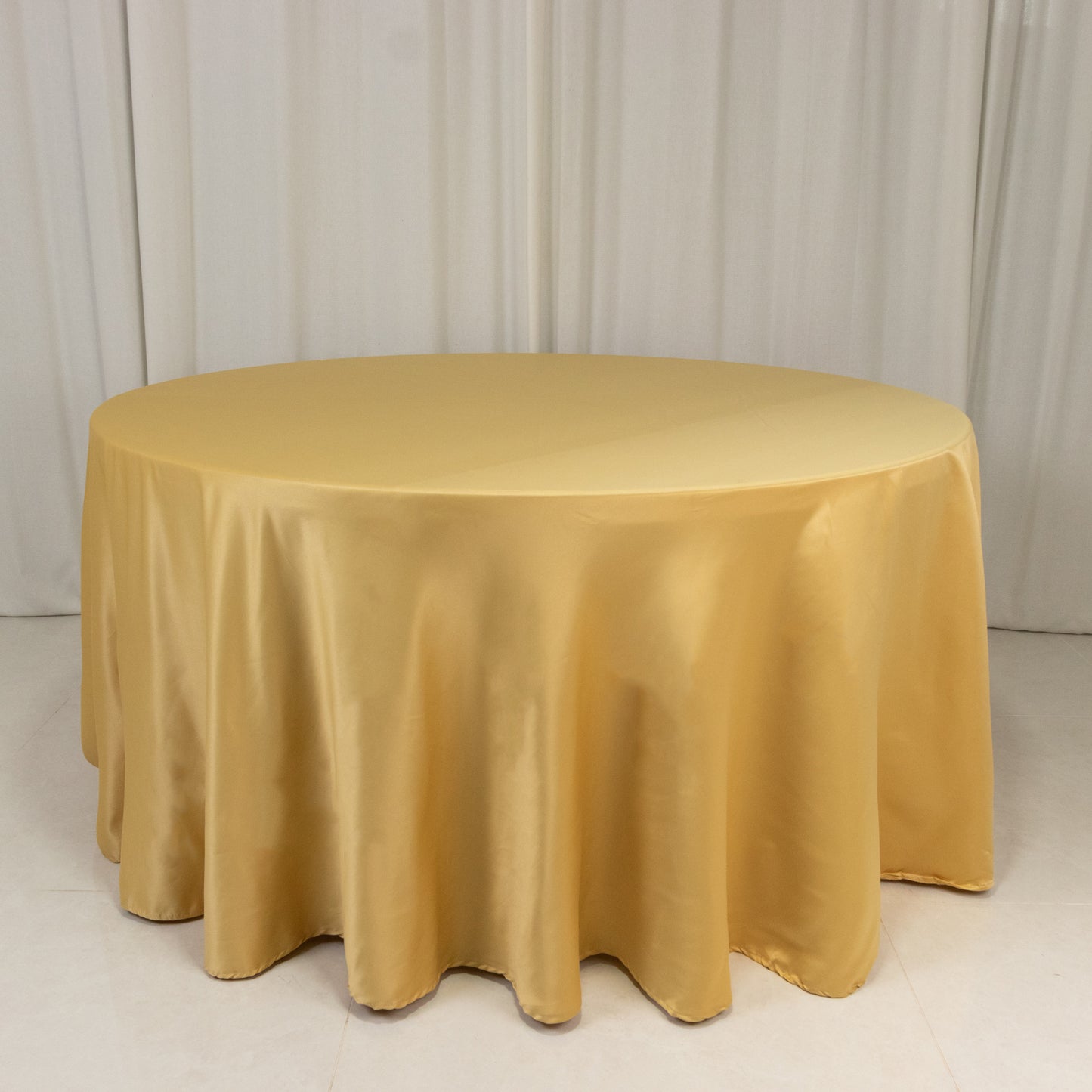 120" Champagne Seamless Lamour Satin Round Tablecloth for 5 Foot Table With Floor-Length Drop