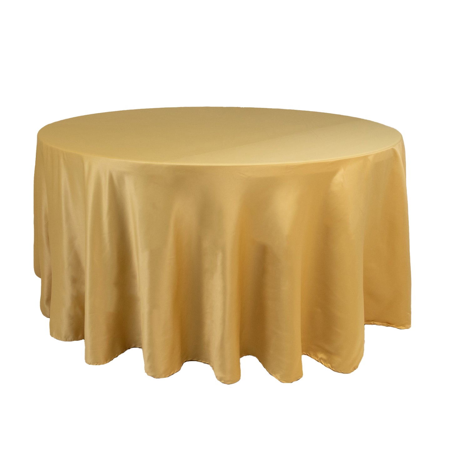 120" Champagne Seamless Lamour Satin Round Tablecloth for 5 Foot Table With Floor-Length Drop