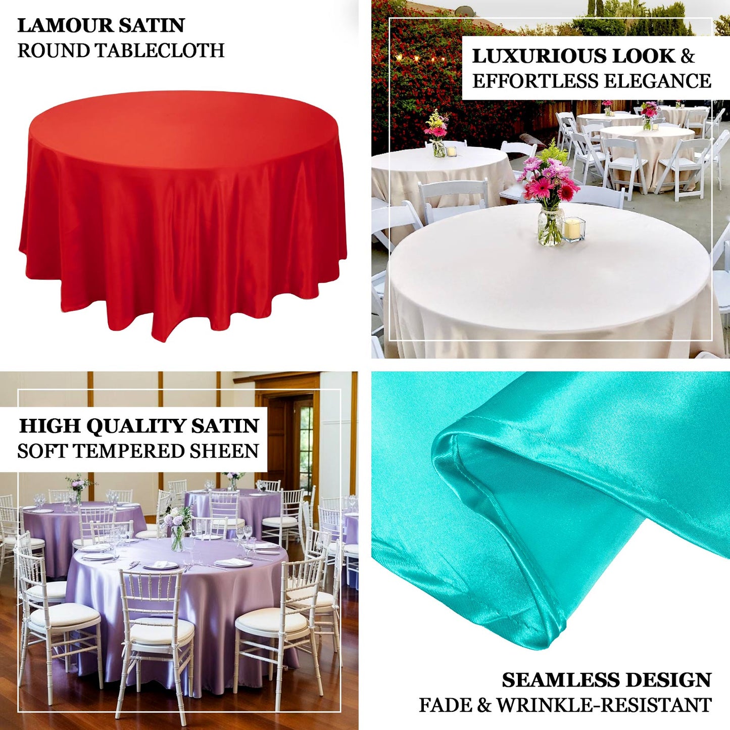 120" Seamless Lamour Satin Round Tablecloth for 5 Foot Table With Floor-Length Drop
