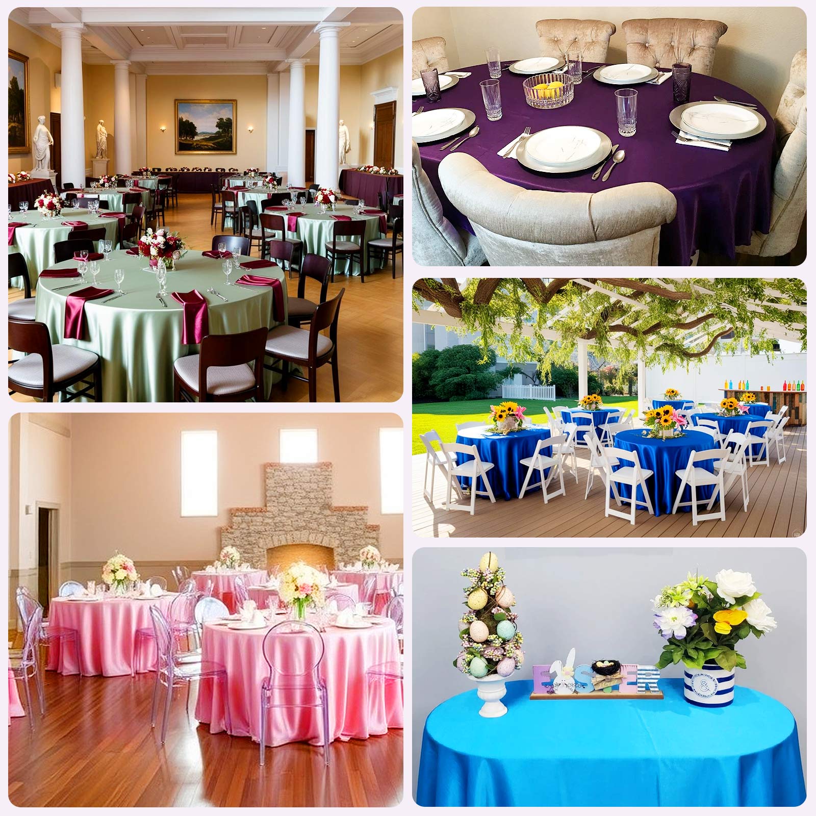 120" Seamless Lamour Satin Round Tablecloth for 5 Foot Table With Floor-Length Drop
