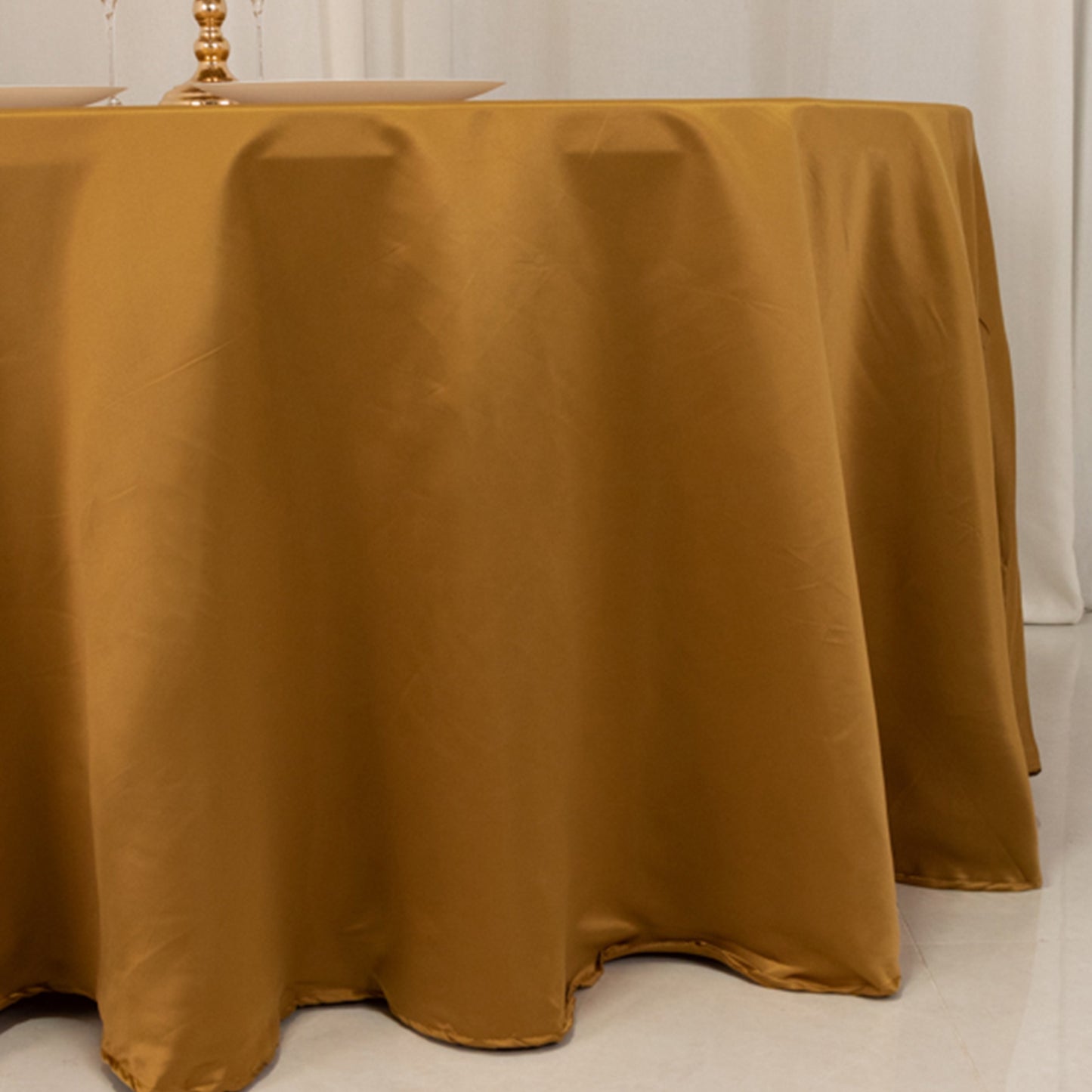 120" Gold Seamless Lamour Satin Round Tablecloth for 5 Foot Table With Floor-Length Drop