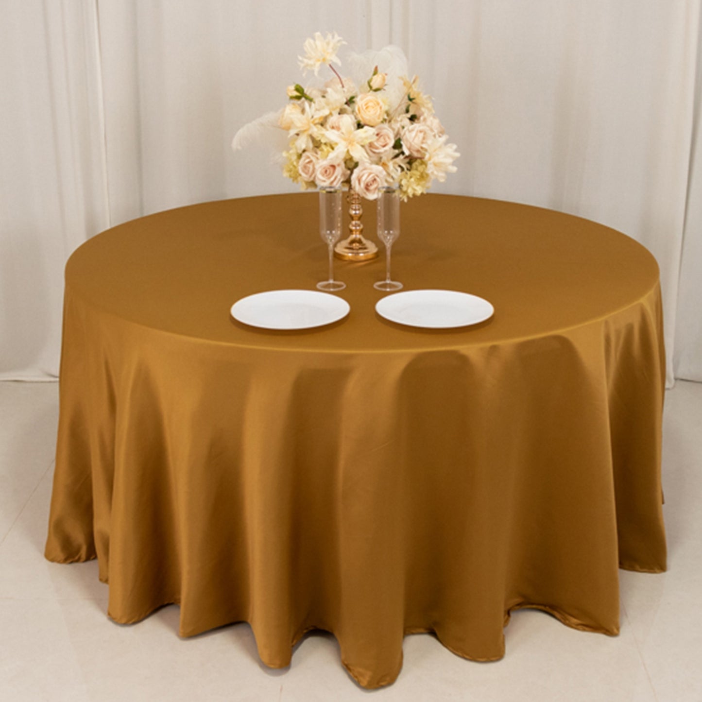 120" Gold Seamless Lamour Satin Round Tablecloth for 5 Foot Table With Floor-Length Drop