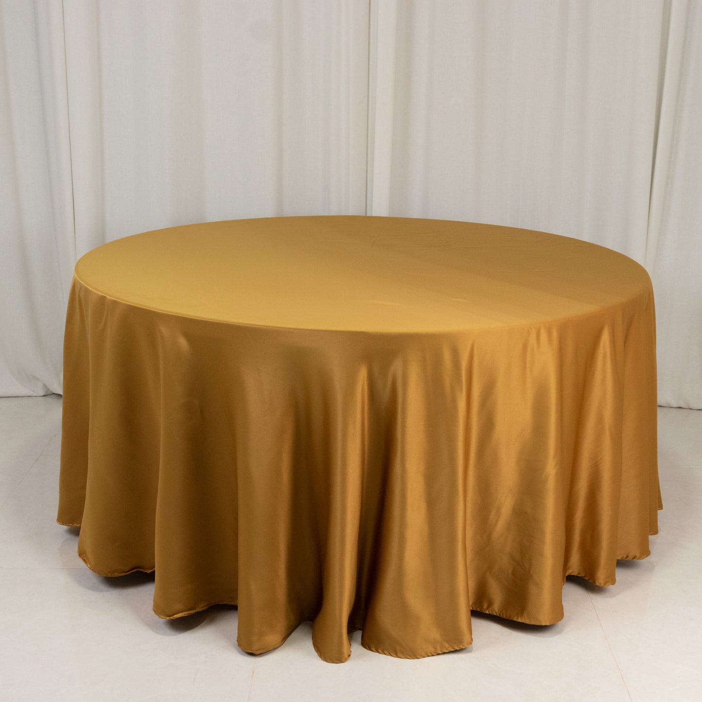 120" Gold Seamless Lamour Satin Round Tablecloth for 5 Foot Table With Floor-Length Drop