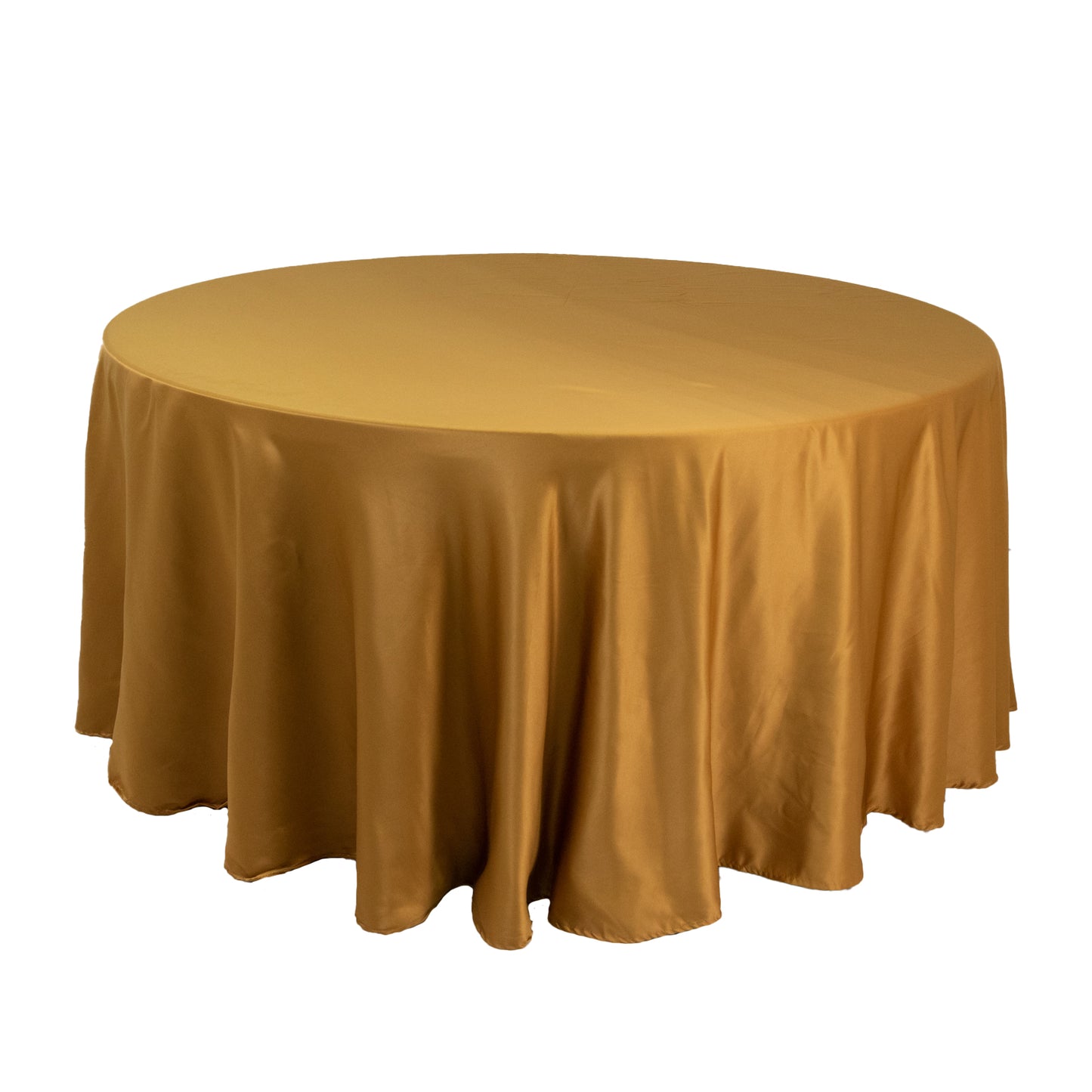120" Gold Seamless Lamour Satin Round Tablecloth for 5 Foot Table With Floor-Length Drop