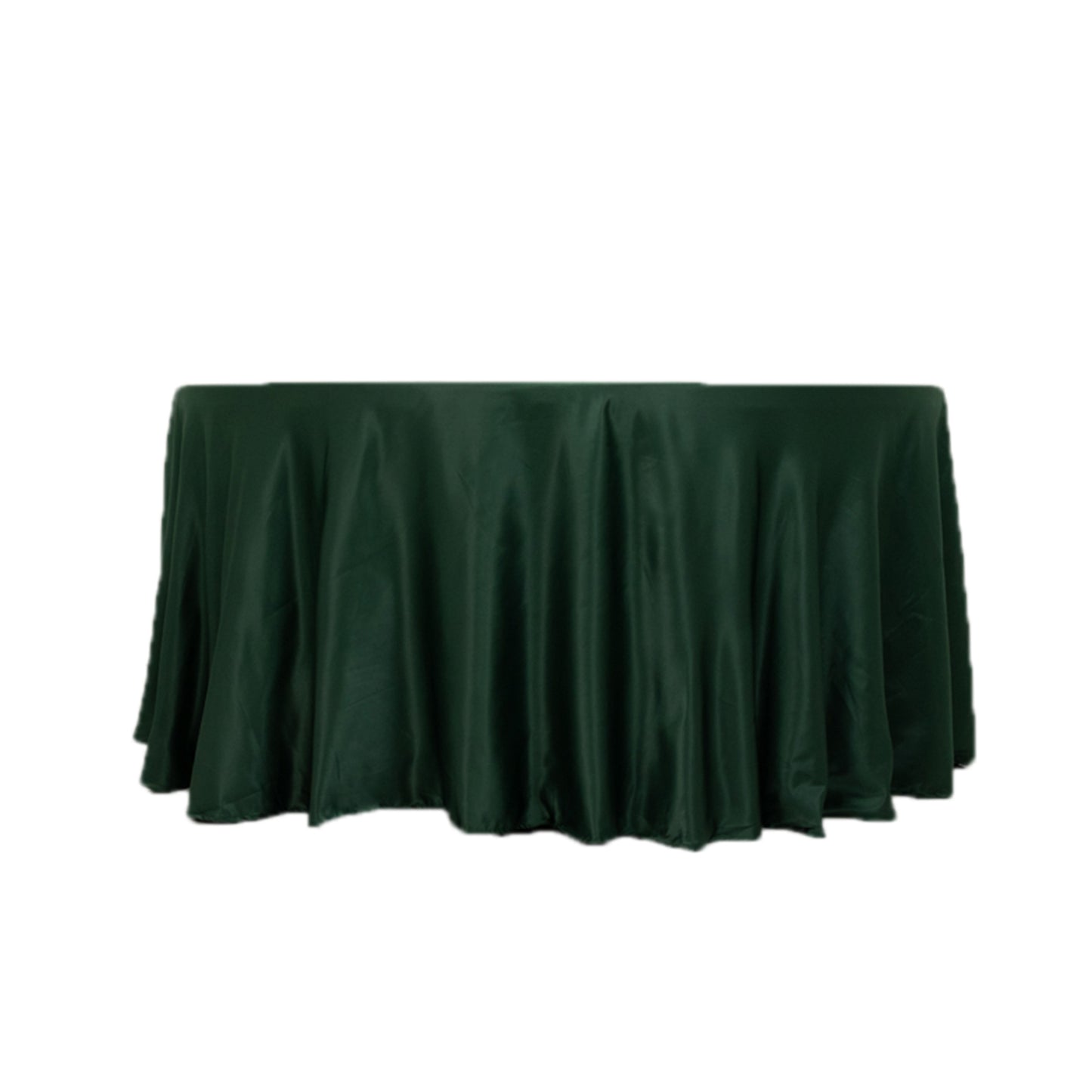 120" Hunter Emerald Green Seamless Lamour Satin Round Tablecloth for 5 Foot Table With Floor-Length Drop
