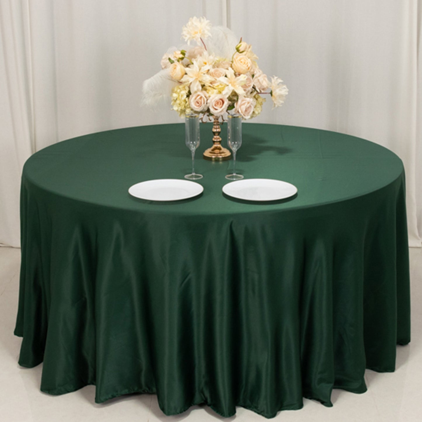 120" Hunter Emerald Green Seamless Lamour Satin Round Tablecloth for 5 Foot Table With Floor-Length Drop