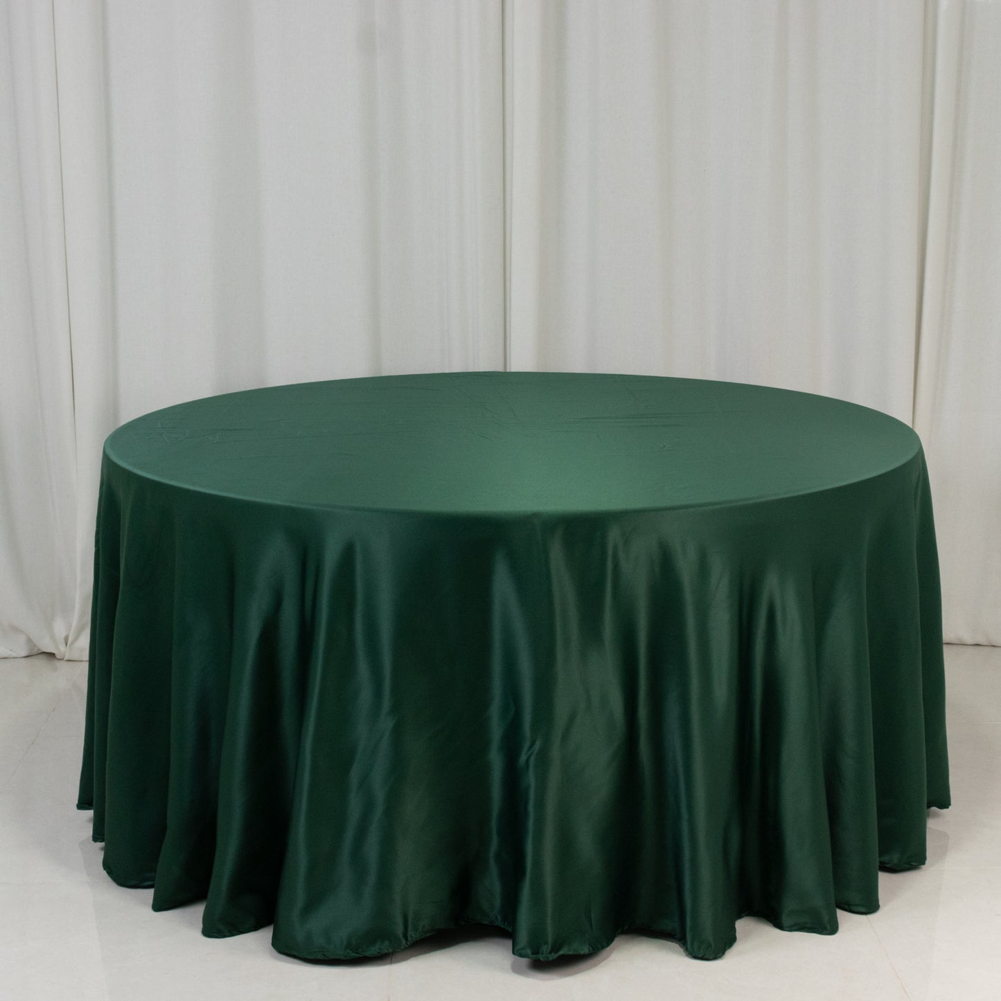 120" Hunter Emerald Green Seamless Lamour Satin Round Tablecloth for 5 Foot Table With Floor-Length Drop