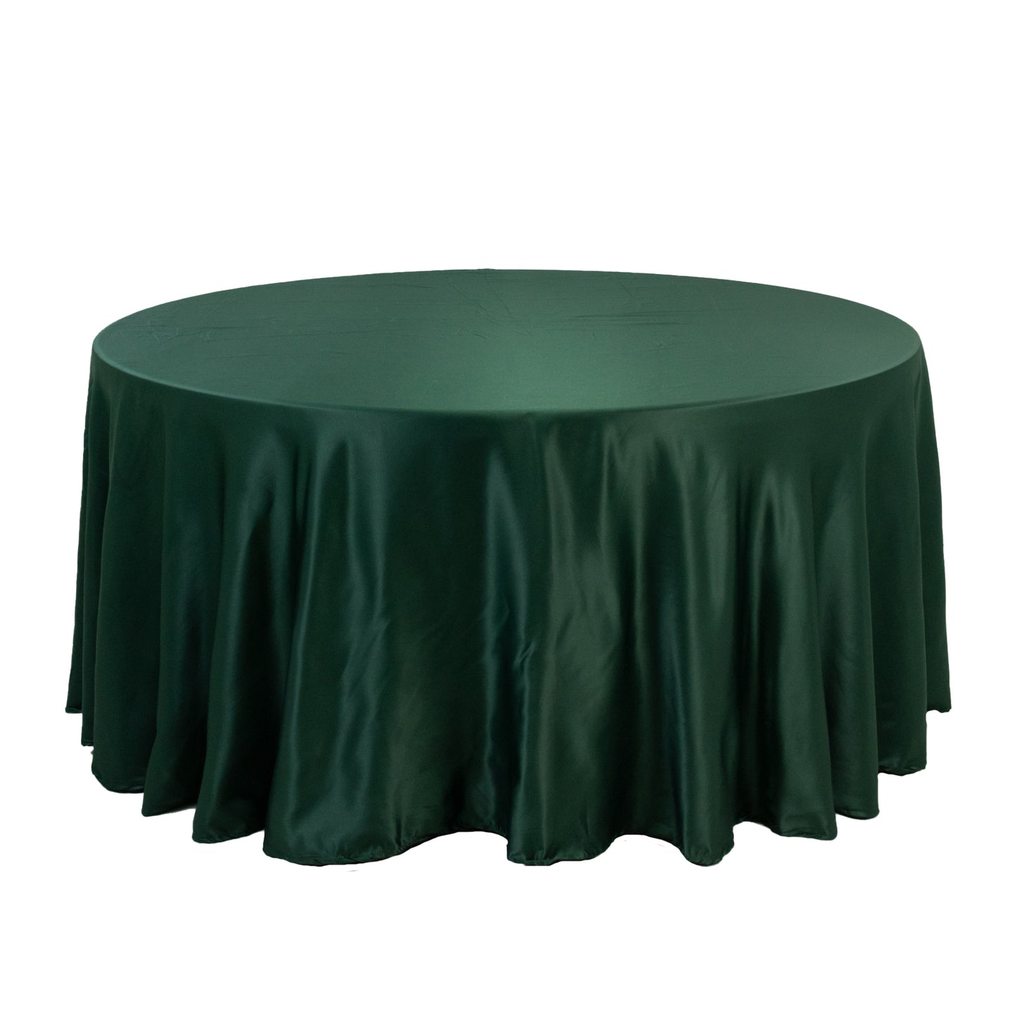 120" Hunter Emerald Green Seamless Lamour Satin Round Tablecloth for 5 Foot Table With Floor-Length Drop
