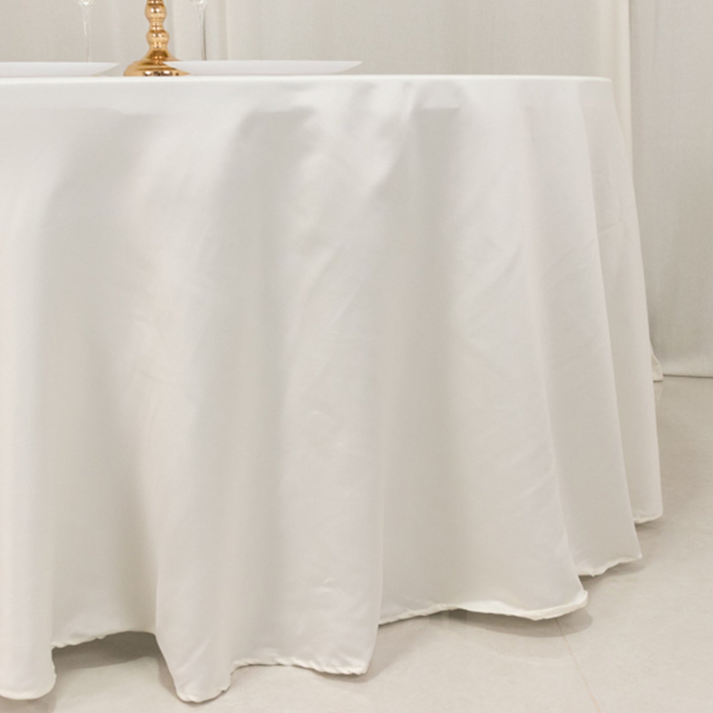 120" Ivory Seamless Lamour Satin Round Tablecloth for 5 Foot Table With Floor-Length Drop