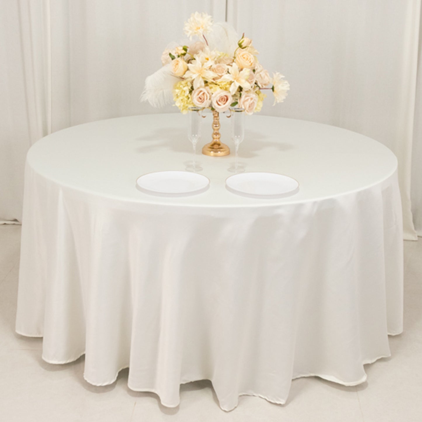 120" Ivory Seamless Lamour Satin Round Tablecloth for 5 Foot Table With Floor-Length Drop