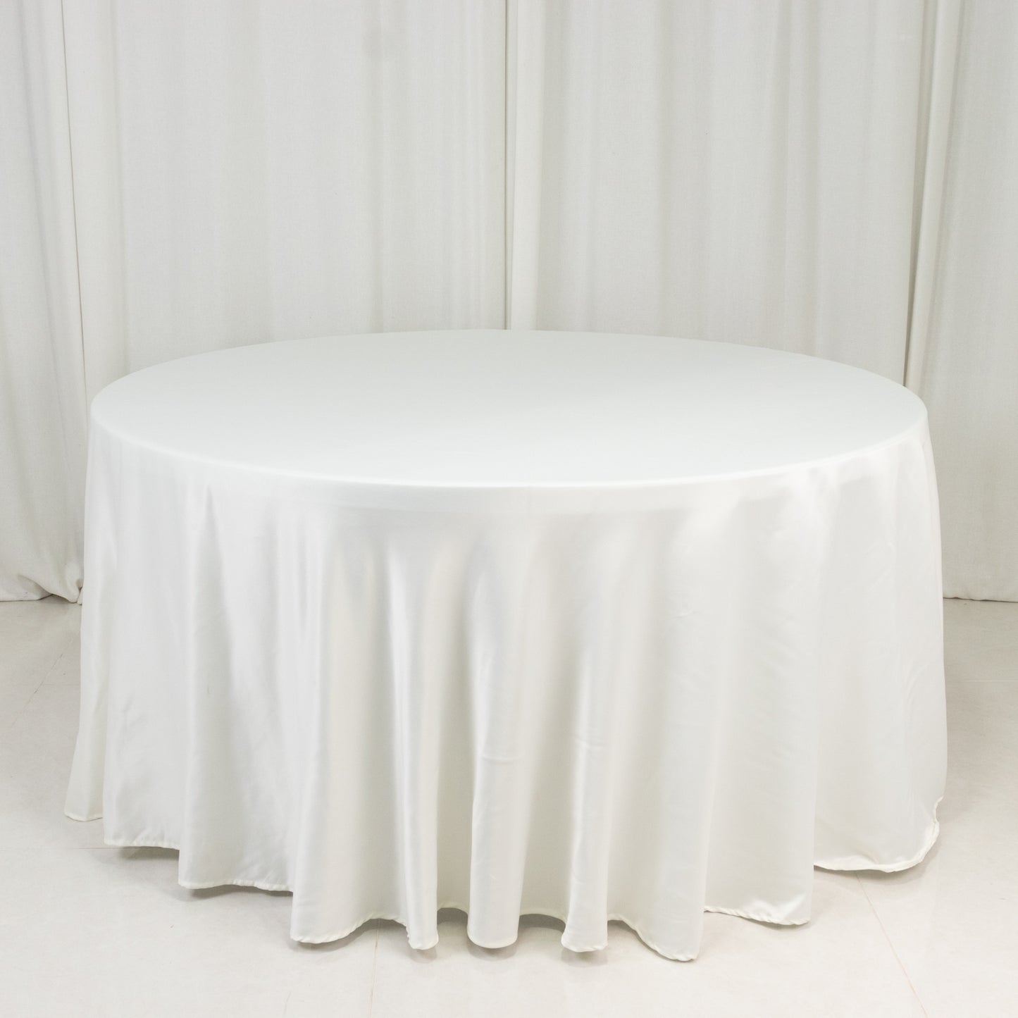 120" Ivory Seamless Lamour Satin Round Tablecloth for 5 Foot Table With Floor-Length Drop