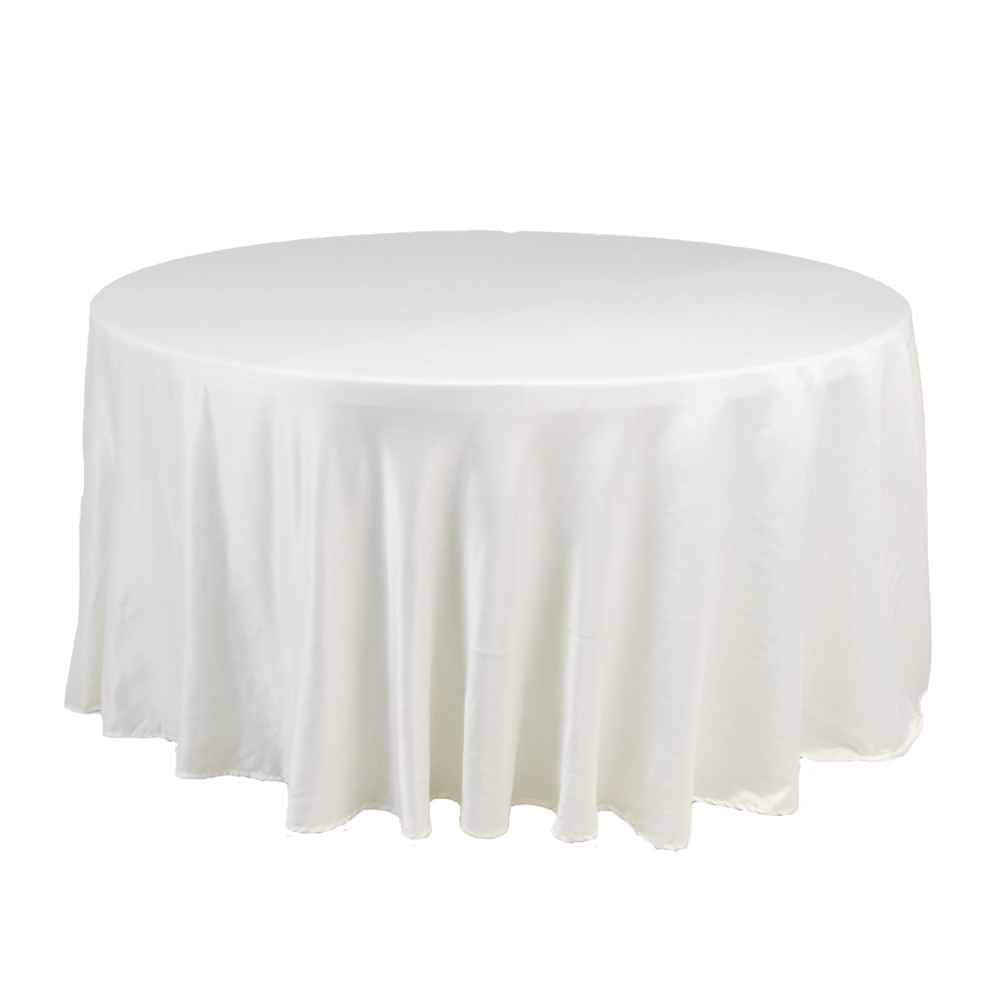 120" Ivory Seamless Lamour Satin Round Tablecloth for 5 Foot Table With Floor-Length Drop