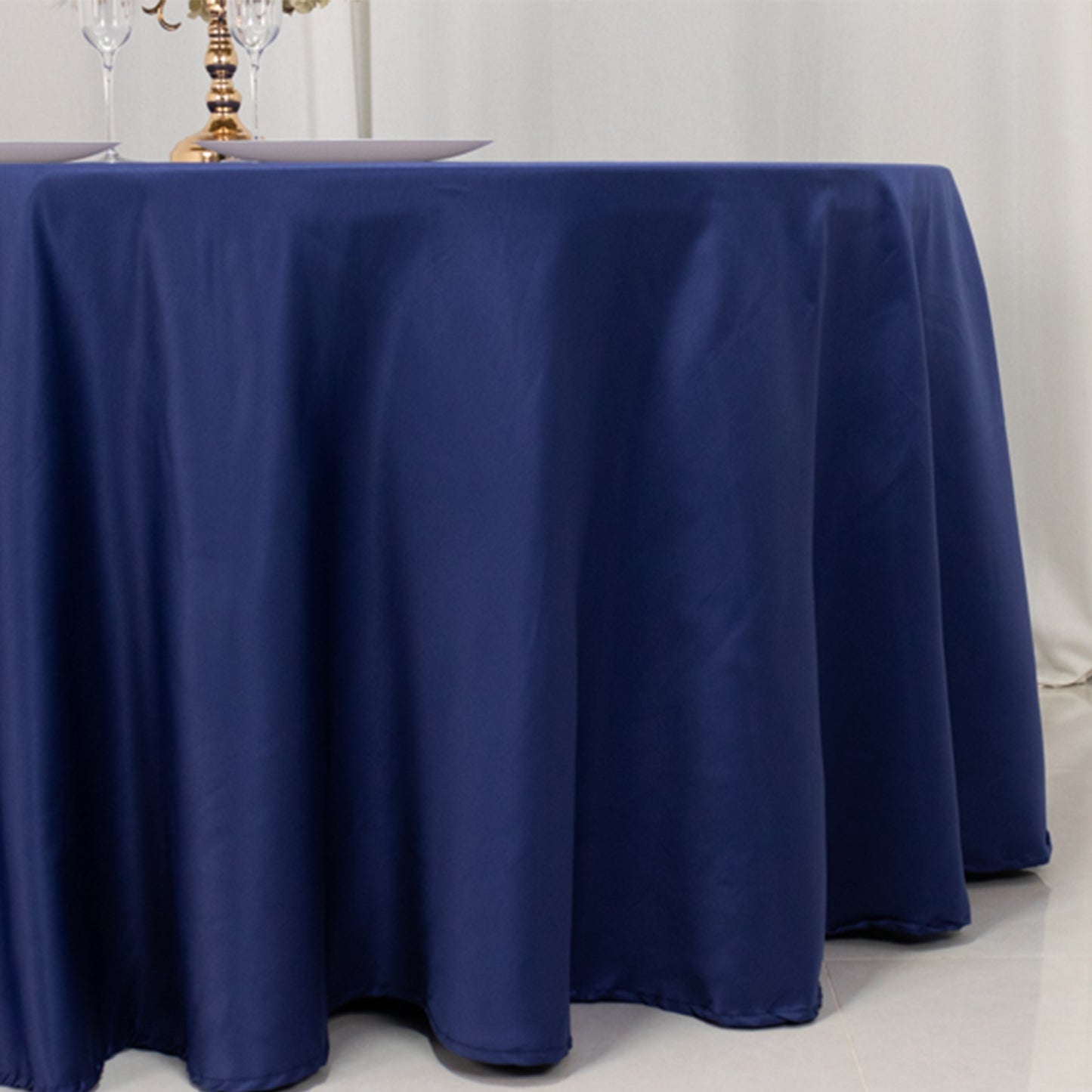 120" Navy Blue Seamless Lamour Satin Round Tablecloth for 5 Foot Table With Floor-Length Drop