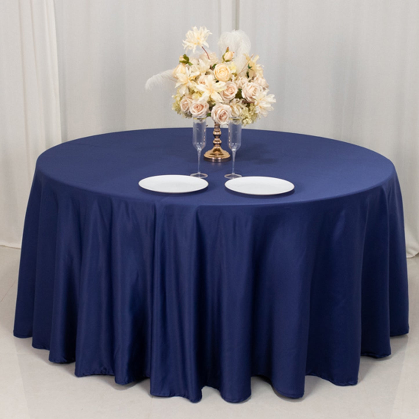 120" Navy Blue Seamless Lamour Satin Round Tablecloth for 5 Foot Table With Floor-Length Drop