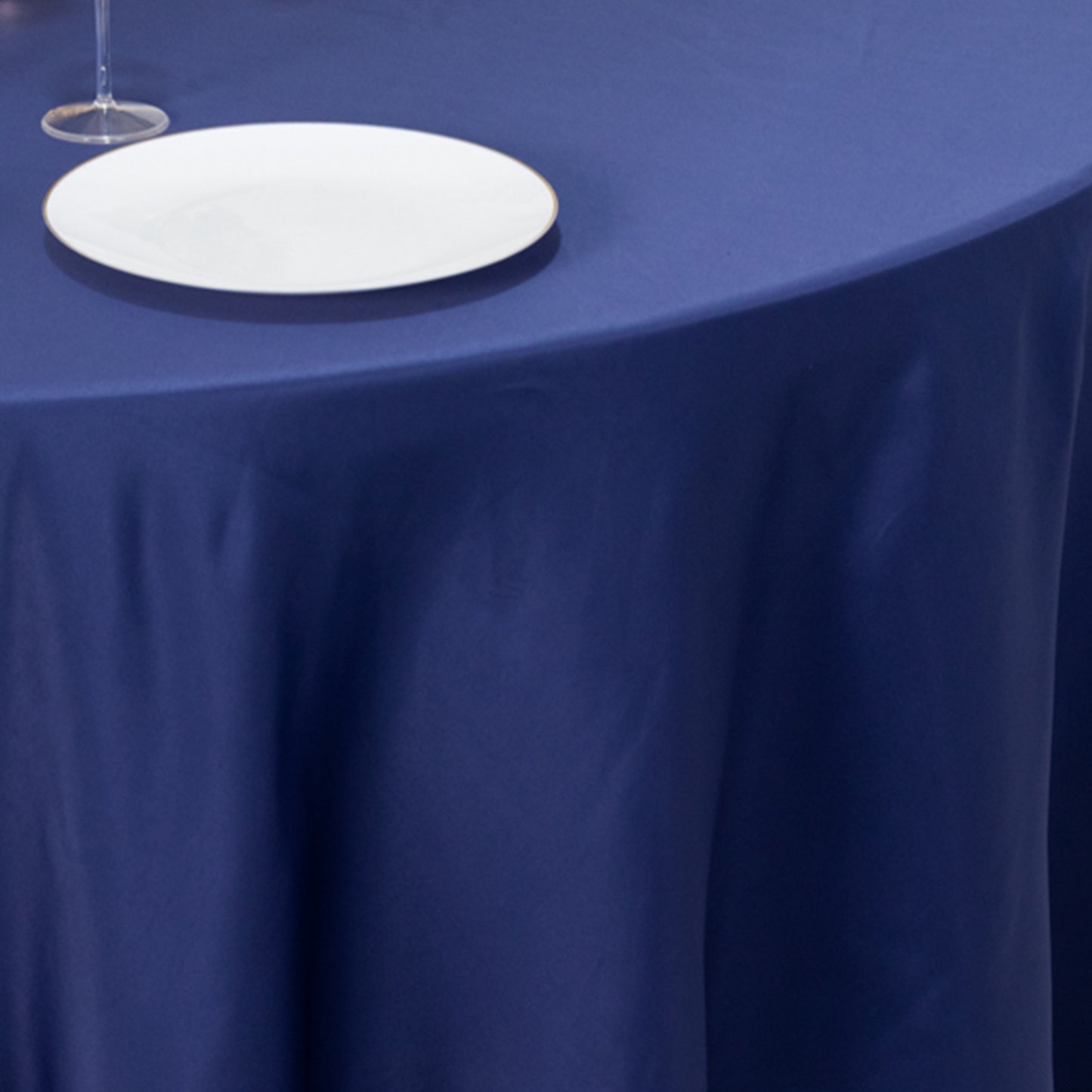 120" Navy Blue Seamless Lamour Satin Round Tablecloth for 5 Foot Table With Floor-Length Drop