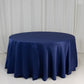 120" Navy Blue Seamless Lamour Satin Round Tablecloth for 5 Foot Table With Floor-Length Drop