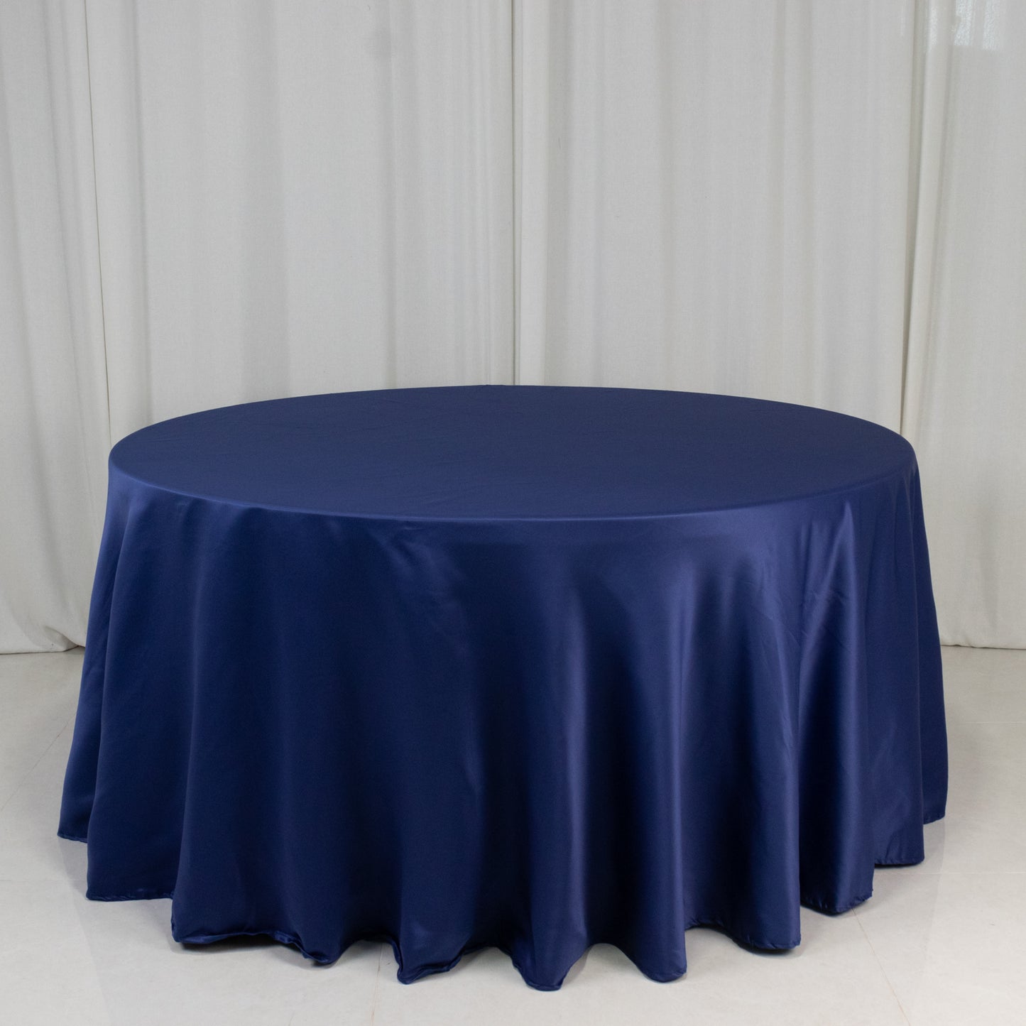 120" Navy Blue Seamless Lamour Satin Round Tablecloth for 5 Foot Table With Floor-Length Drop