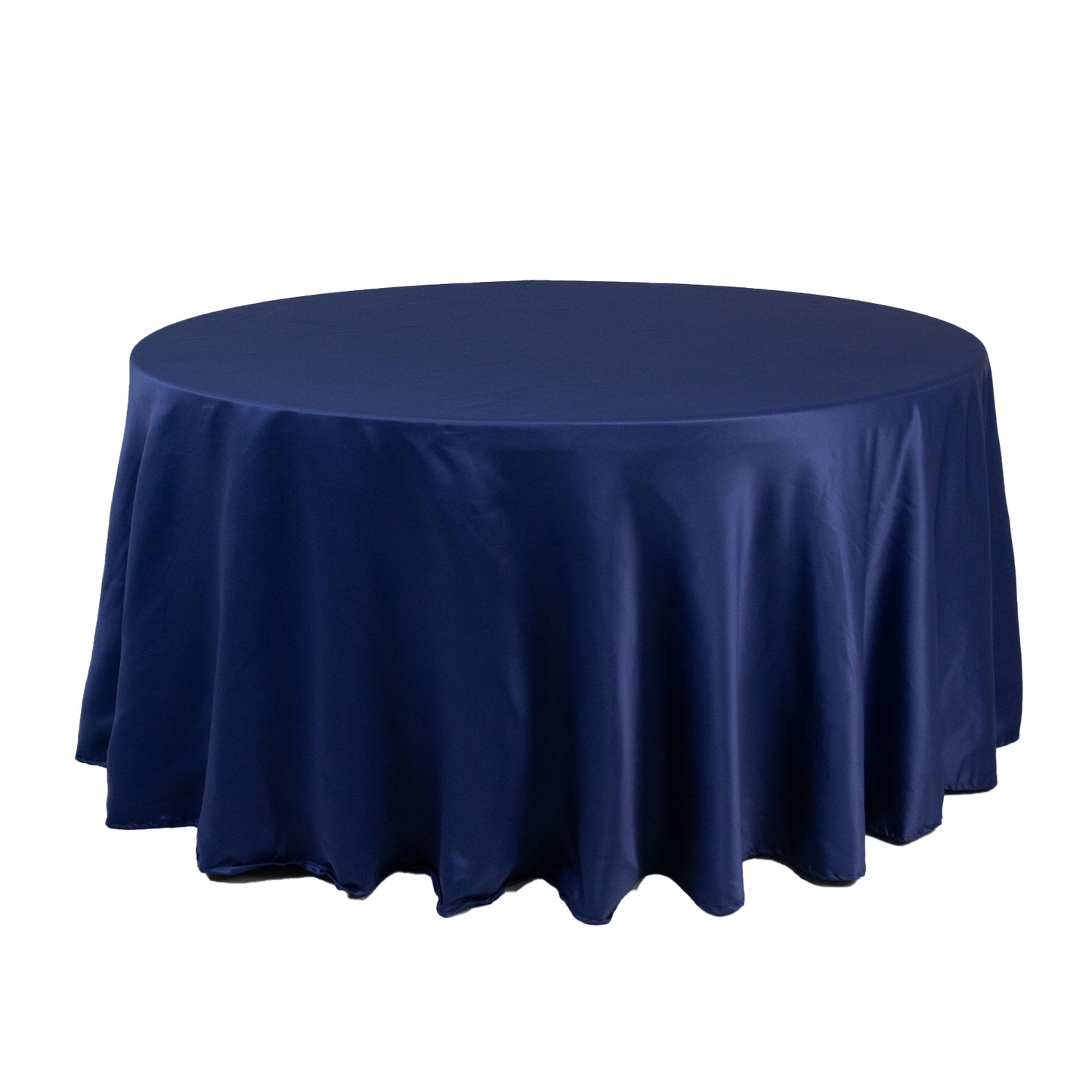 120" Navy Blue Seamless Lamour Satin Round Tablecloth for 5 Foot Table With Floor-Length Drop