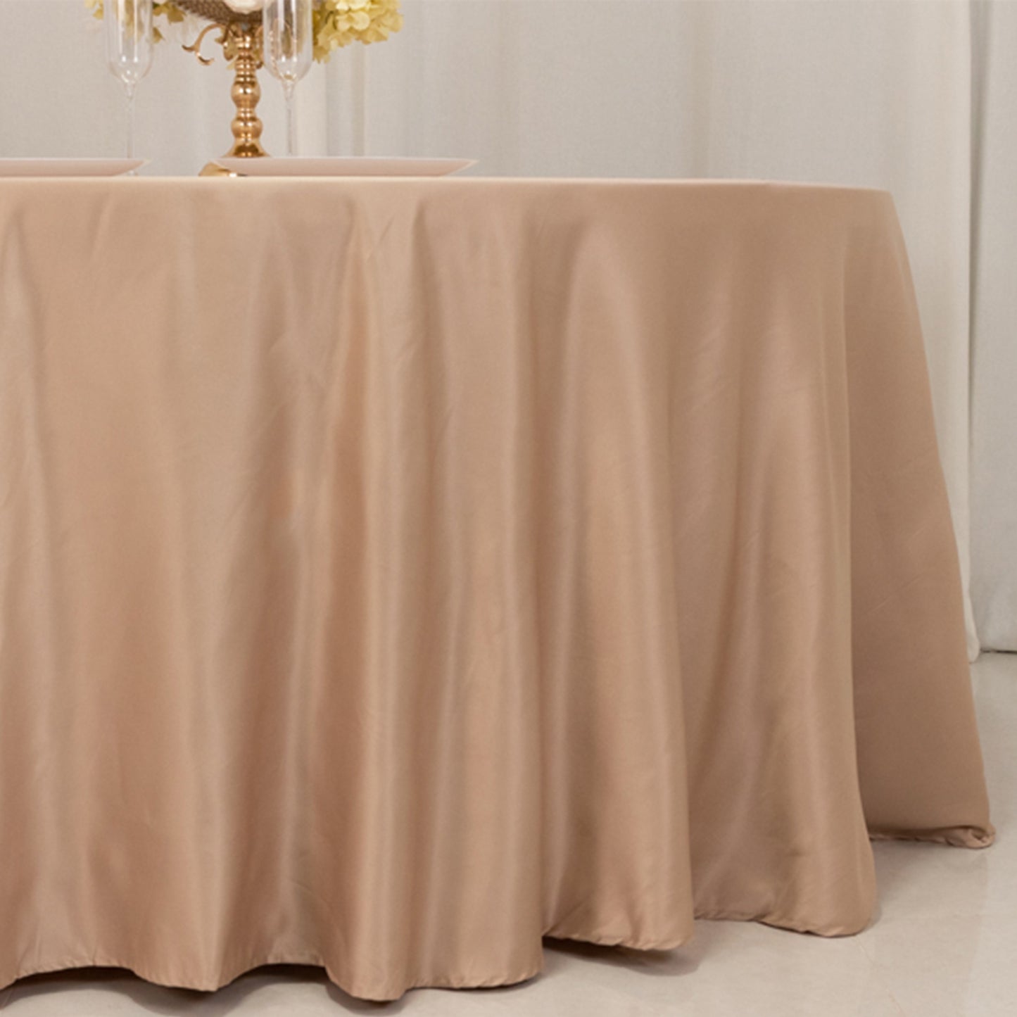 120" Nude Seamless Lamour Satin Round Tablecloth for 5 Foot Table With Floor-Length Drop