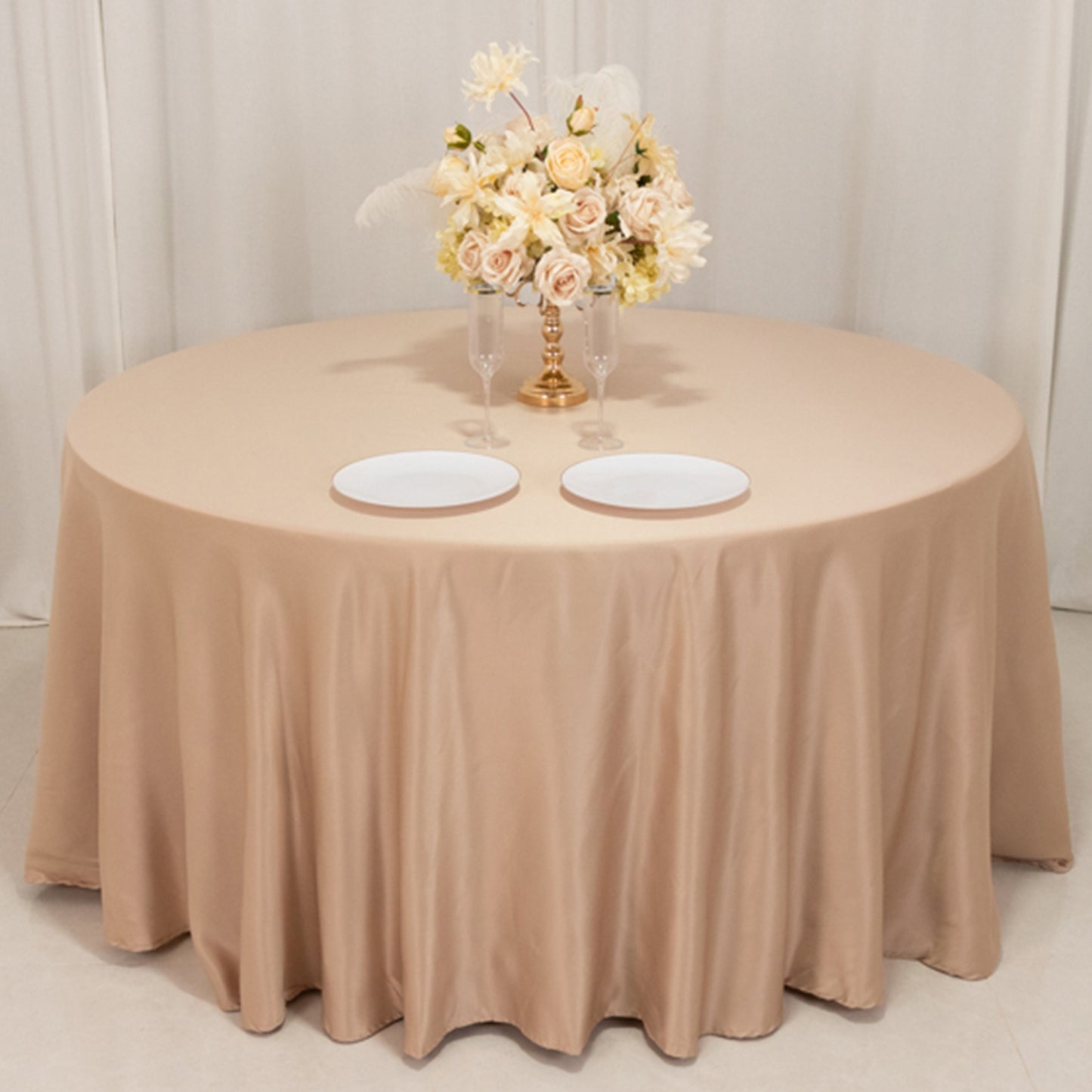 120" Nude Seamless Lamour Satin Round Tablecloth for 5 Foot Table With Floor-Length Drop