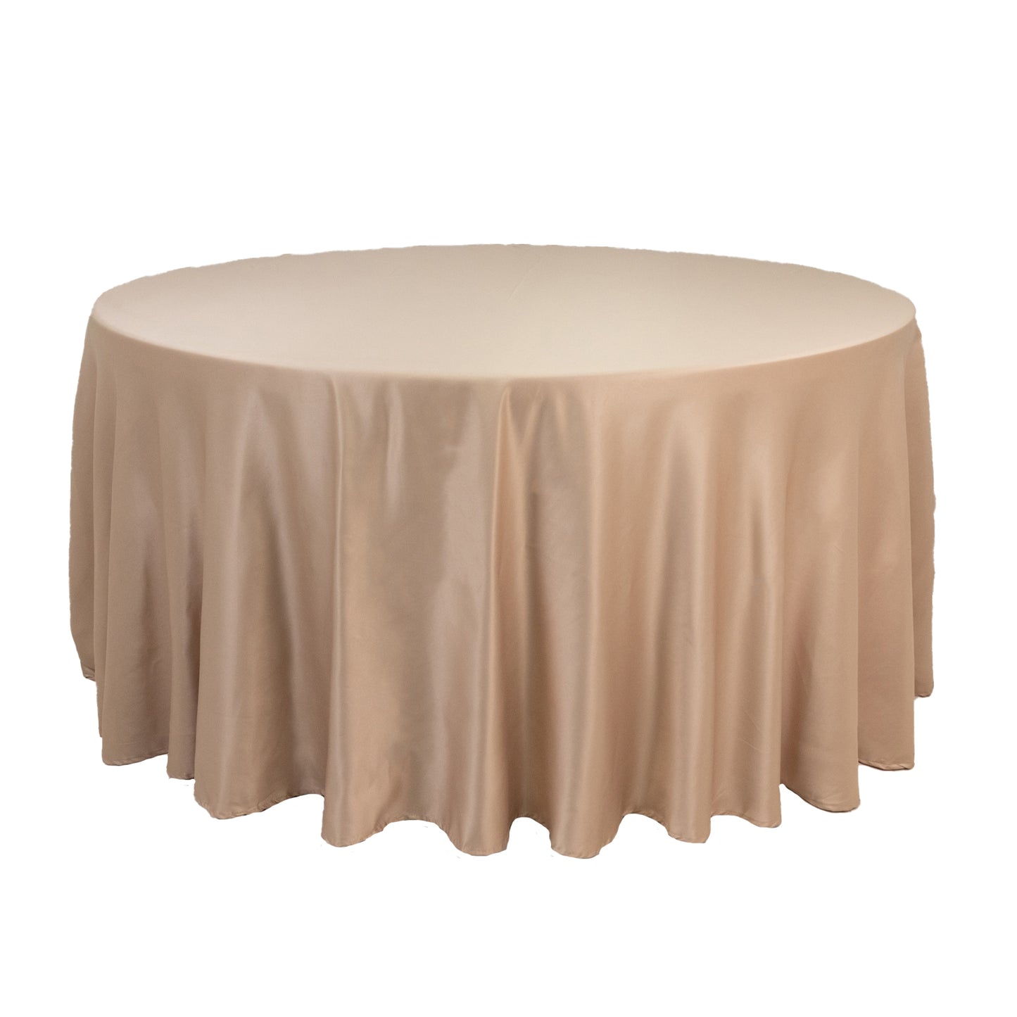 120" Nude Seamless Lamour Satin Round Tablecloth for 5 Foot Table With Floor-Length Drop