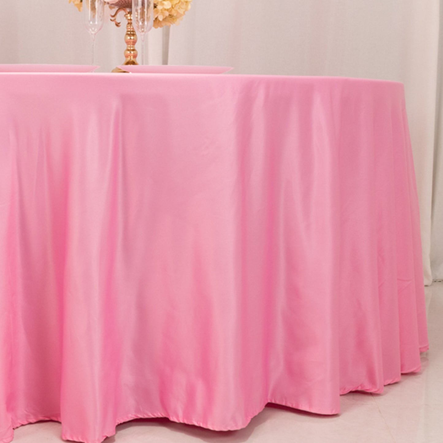 120" Pink Seamless Lamour Satin Round Tablecloth for 5 Foot Table With Floor-Length Drop