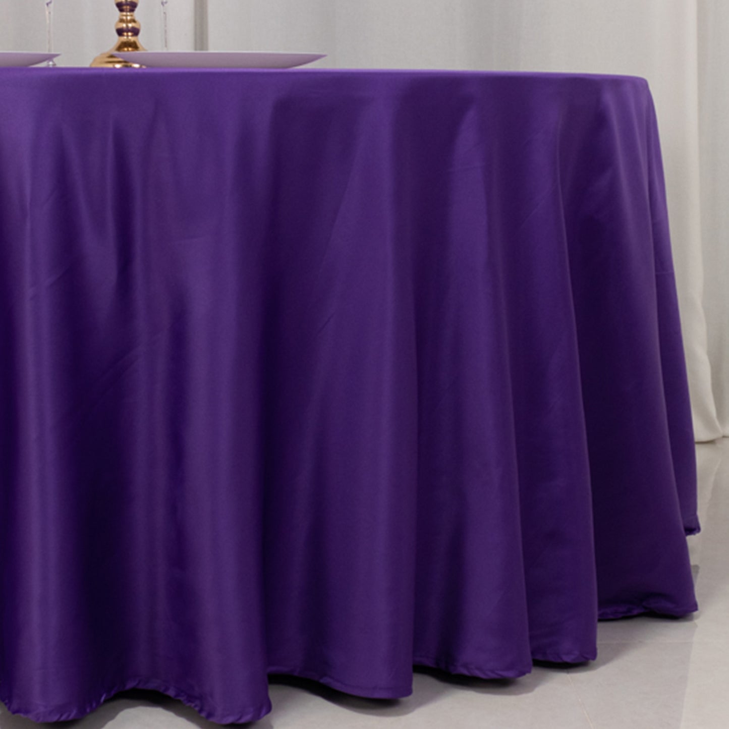 120" Purple Seamless Lamour Satin Round Tablecloth for 5 Foot Table With Floor-Length Drop
