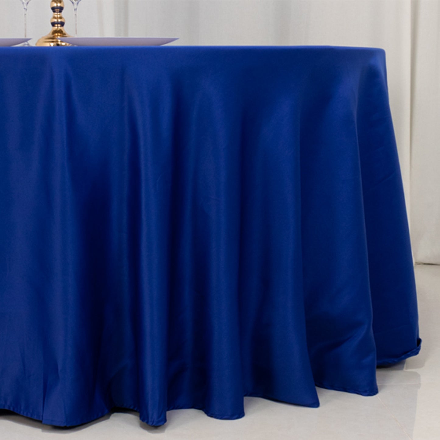 120" Royal Blue Seamless Lamour Satin Round Tablecloth for 5 Foot Table With Floor-Length Drop
