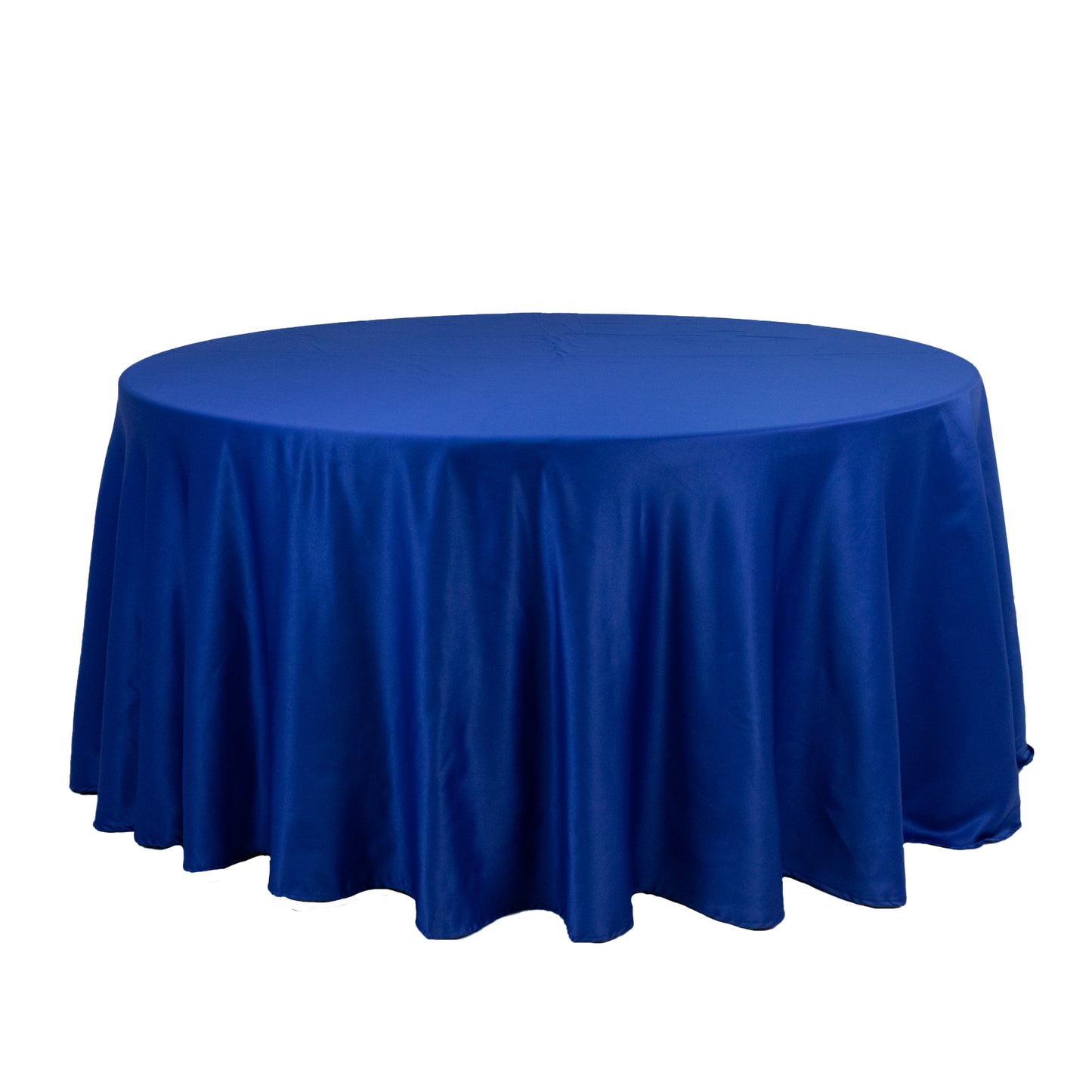 120" Royal Blue Seamless Lamour Satin Round Tablecloth for 5 Foot Table With Floor-Length Drop