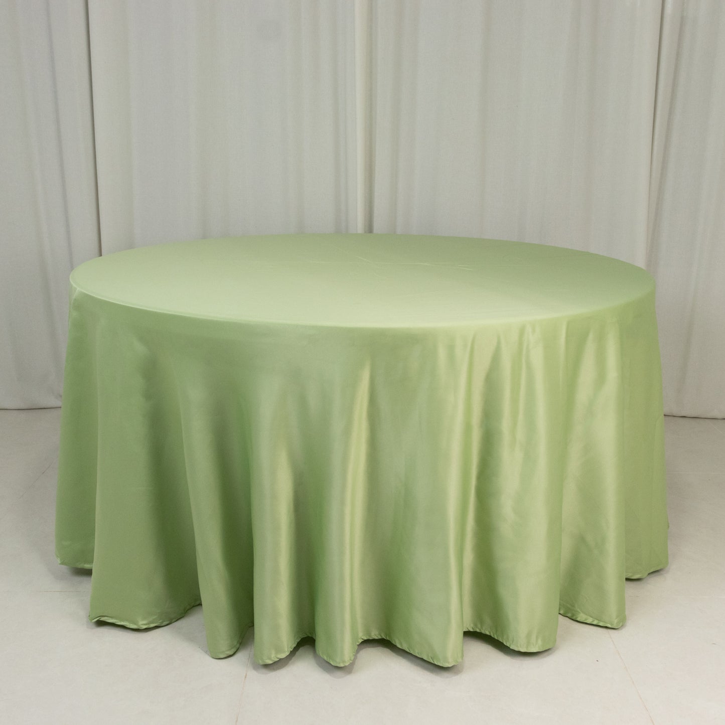 120" Sage Green Seamless Lamour Satin Round Tablecloth for 5 Foot Table With Floor-Length Drop